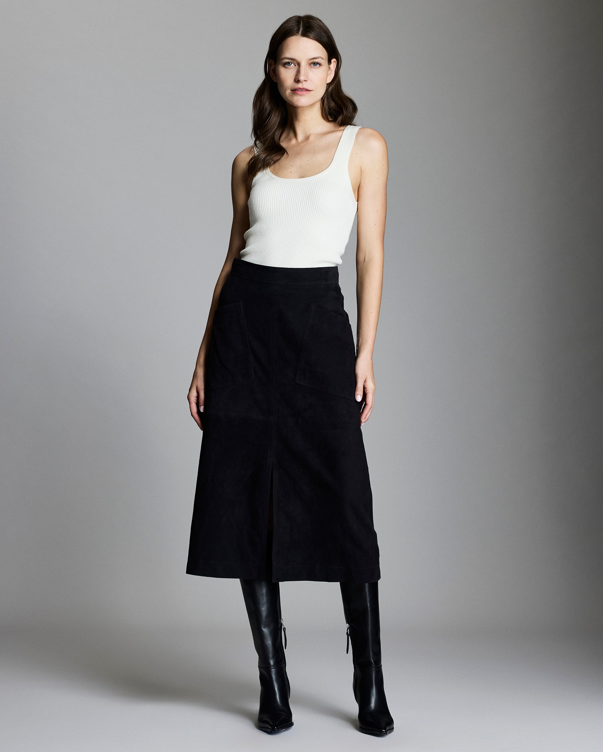 Model shows the fit of the skirt.