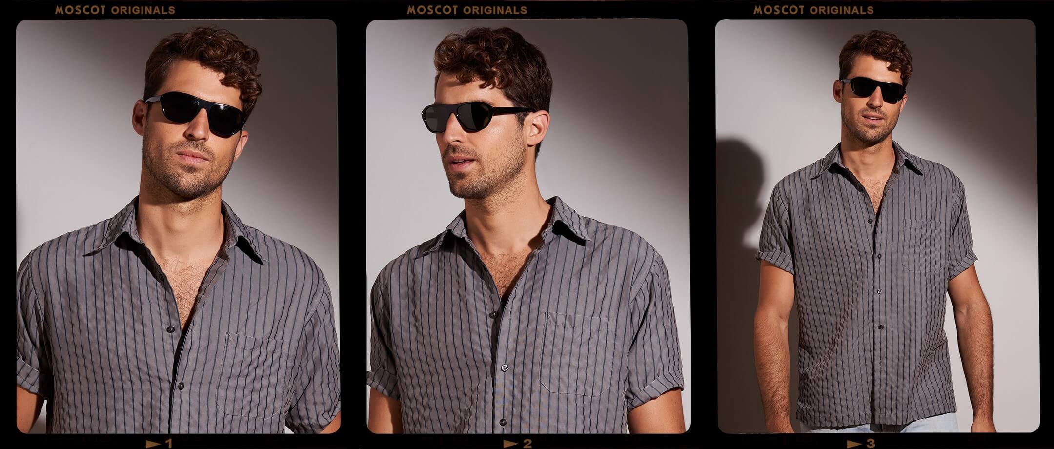  Model is wearing The AVRAM SUN in black in size 54 with G-15 Glass Lenses 