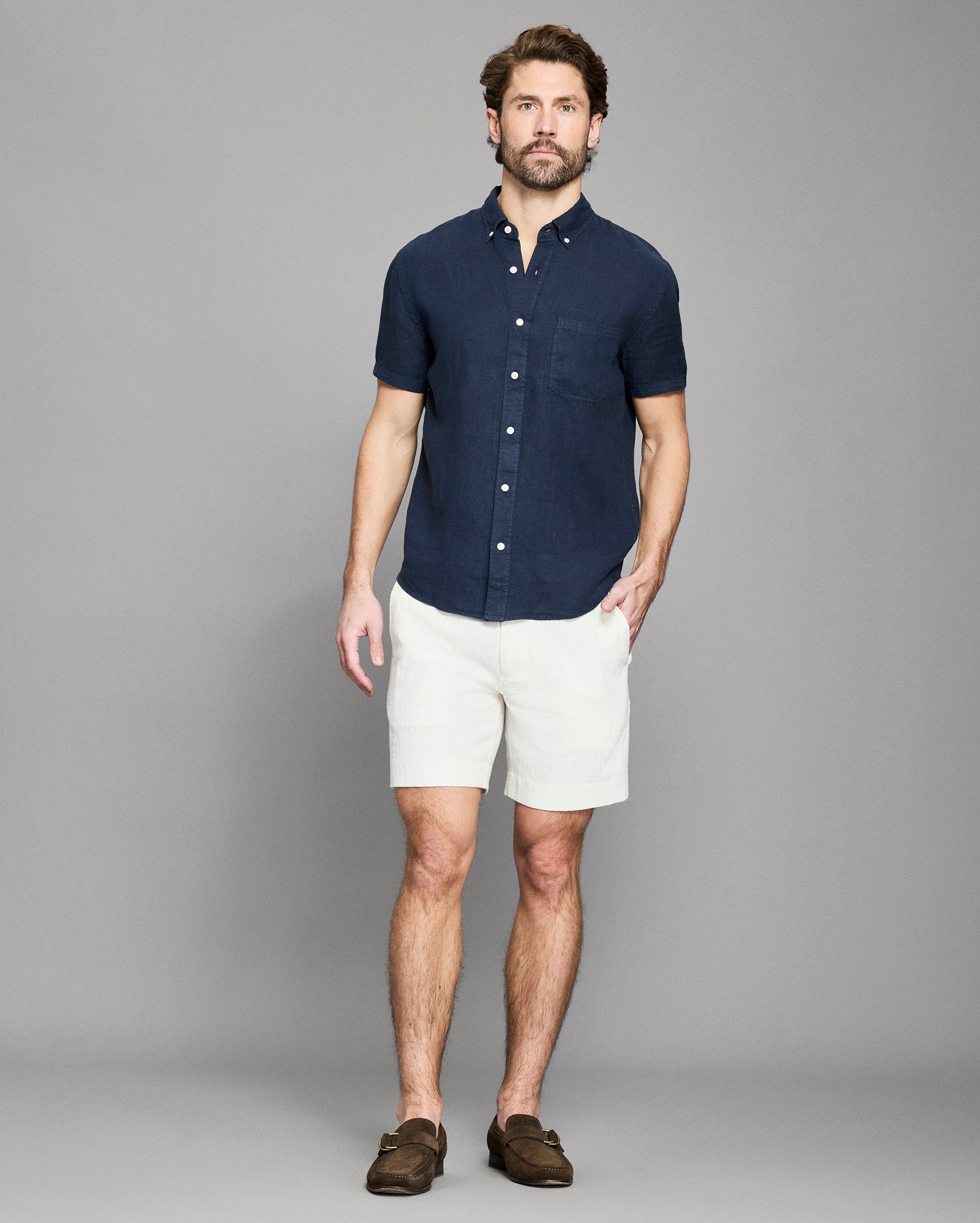 HYKE 　 LINEN BIB FRONT SHIRT　　定価35200円 Men's Shirts | Sea Breeze Short Sleeve Tan Stripe Linen Shirt | Haspel