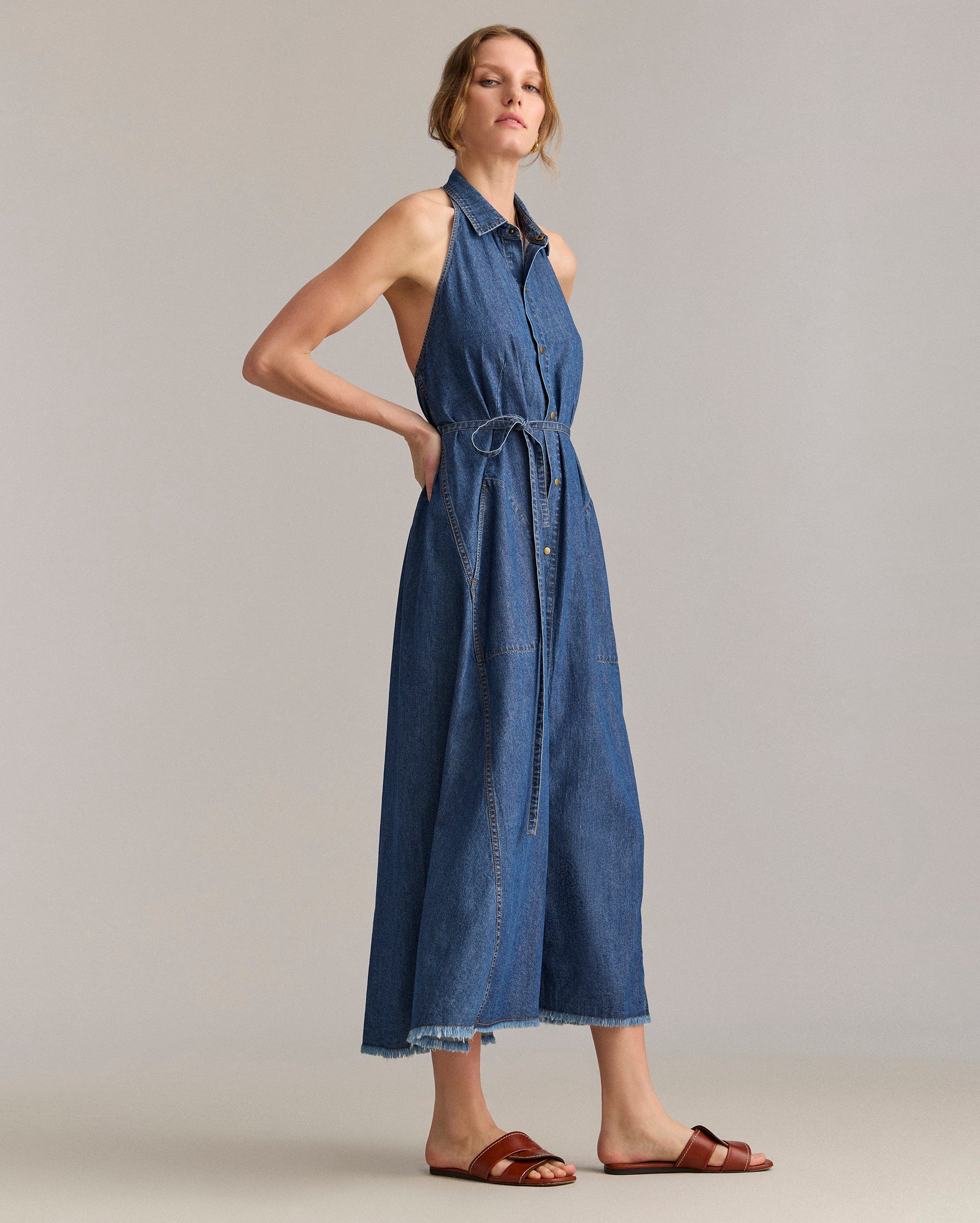 Indigo Denim Halterneck Shirt Dress | Billy Reid