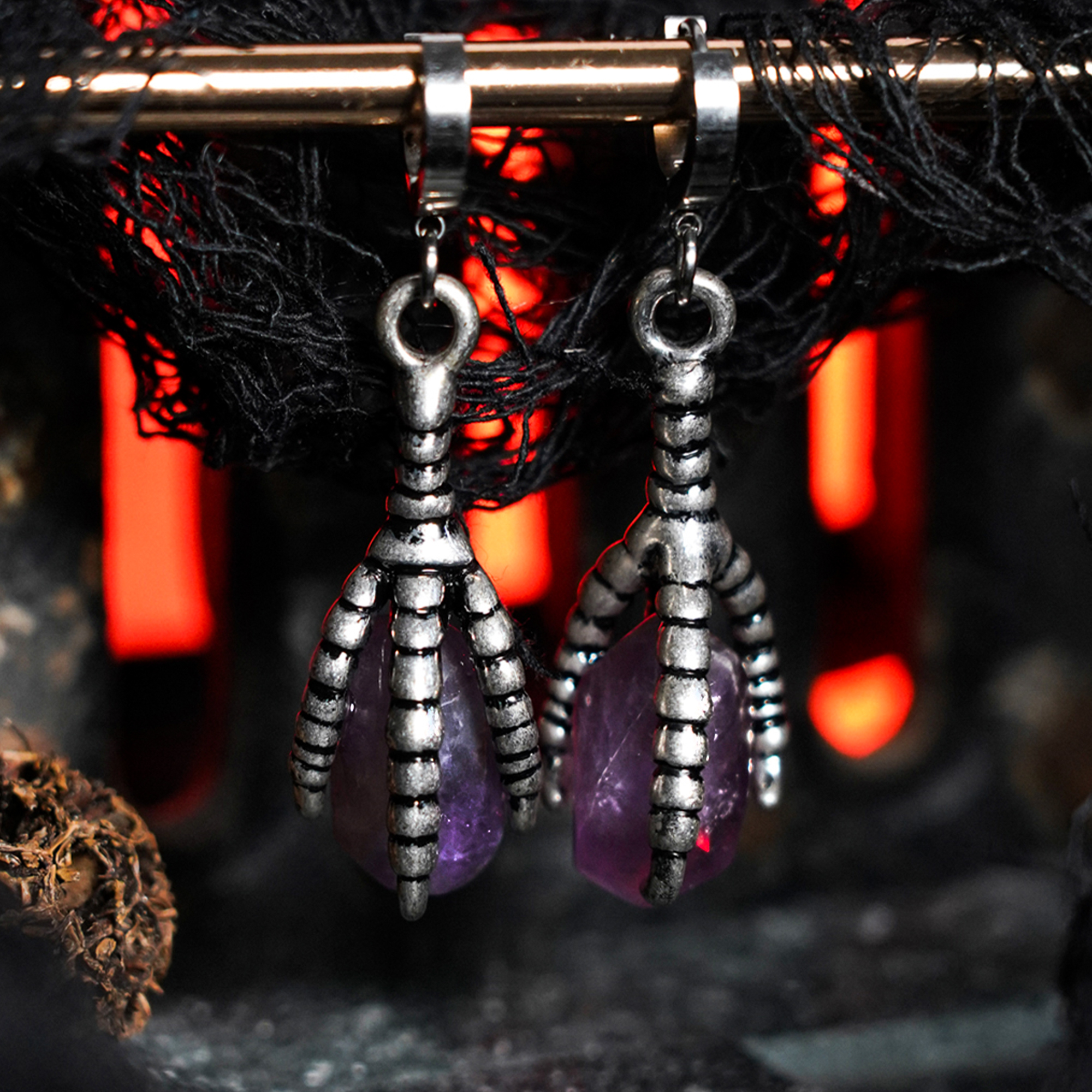 Gothic Amethyst & Silver Bird Claw Earrings (Pair)