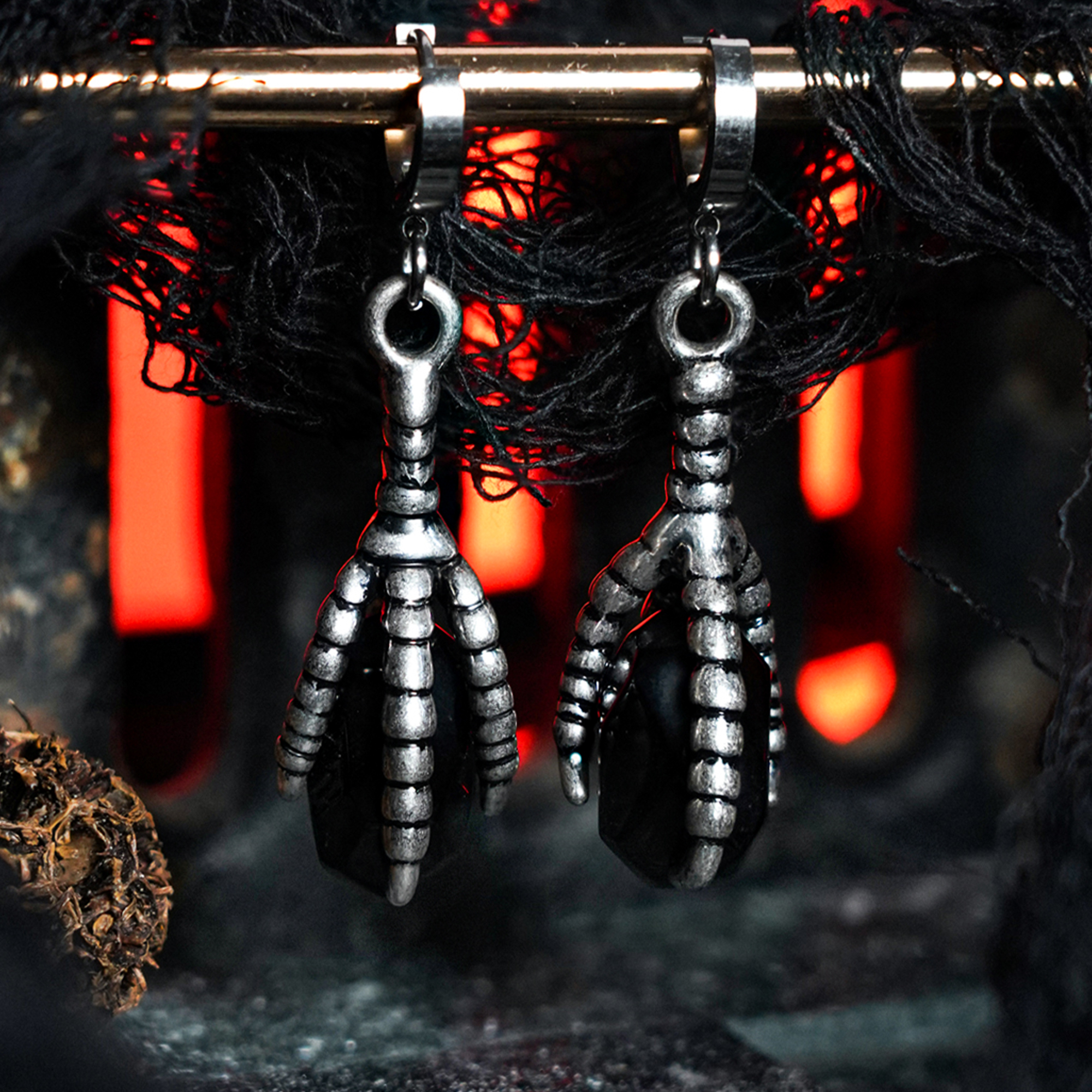 occult  Black Onyx & Silver Bird Claw Earrings (Pair)