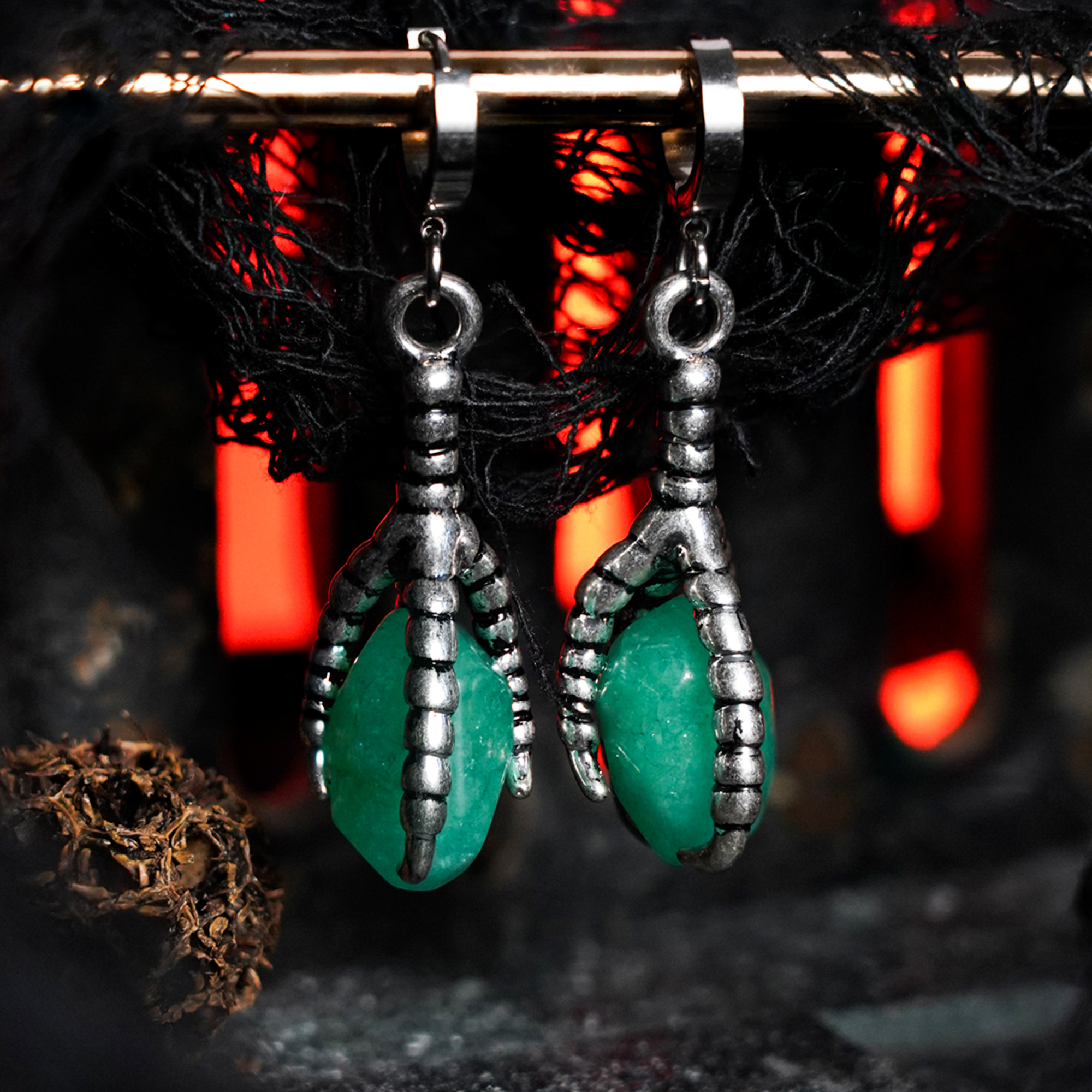 Handmade Green Jade & Silver Bird Claw Earrings (Pair)