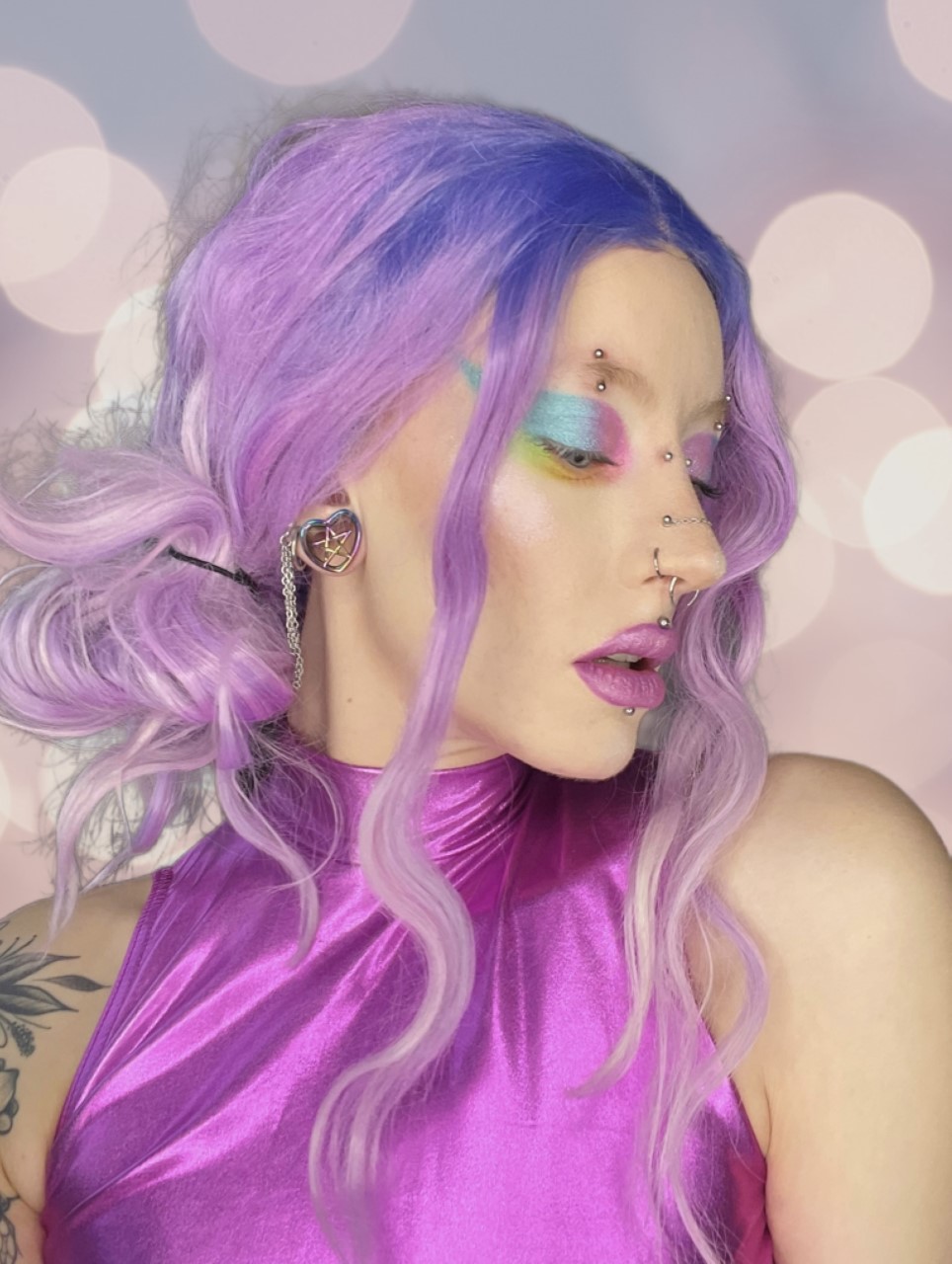 Women wearing alternative Pentagram Rainbow Heart Stainless Steel Tunnel