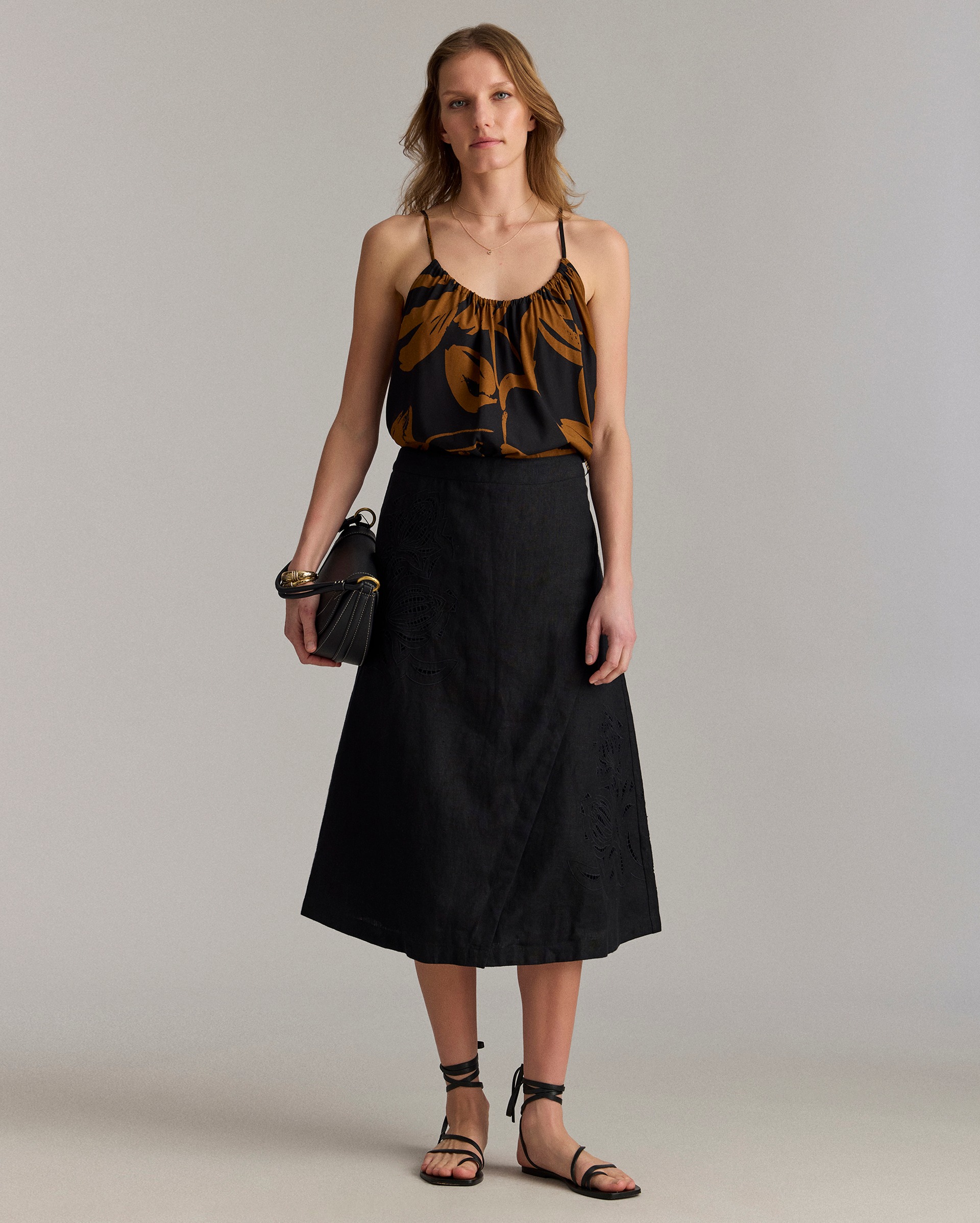 Model shows the fit of the skirt.