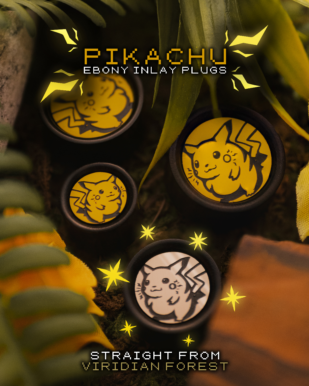  Pikachu Plug / Gauge - Yellow & Black Inlay Ebony Wood | Convex Double Flare