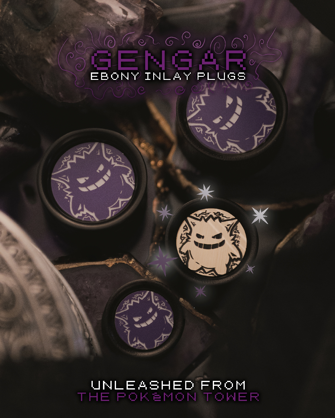  Mean Look Gengar Plug / Gauge - Purple & White Inlay Ebony Wood | Convex Double Flare