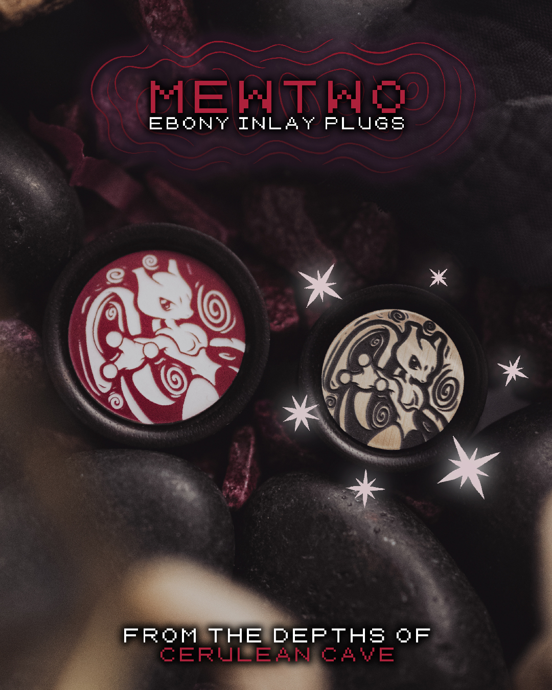  Mewtwo Plug / Gauge - Burgundy & White Inlay Ebony Wood | Convex Double Flare