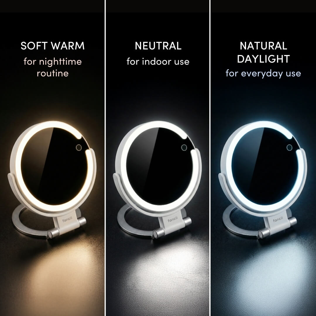 Sadie Travel Mirror by Fancii in White Has 3 Different Light Settings