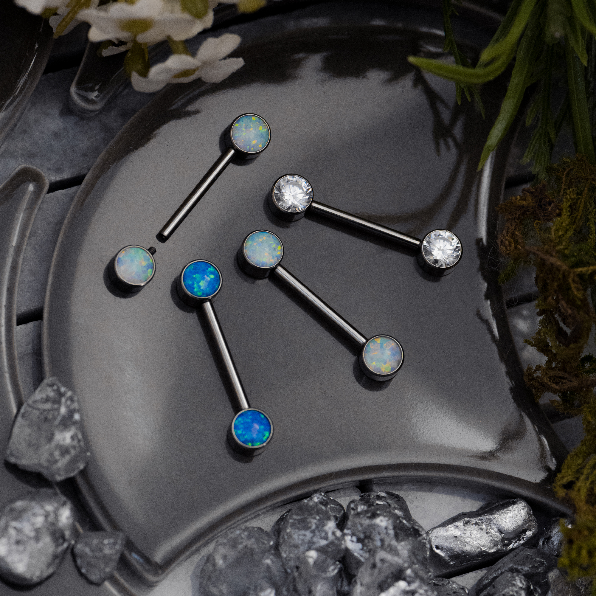 Titanium Blue Opal Internally Threaded Nipple Bar 1.6mm Gauge in Silver