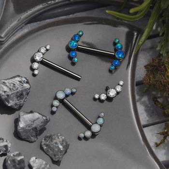 Nipple Barbell, Silver, Blue Opal Cluster, Internal Thread, Titanium, 1.6mm
