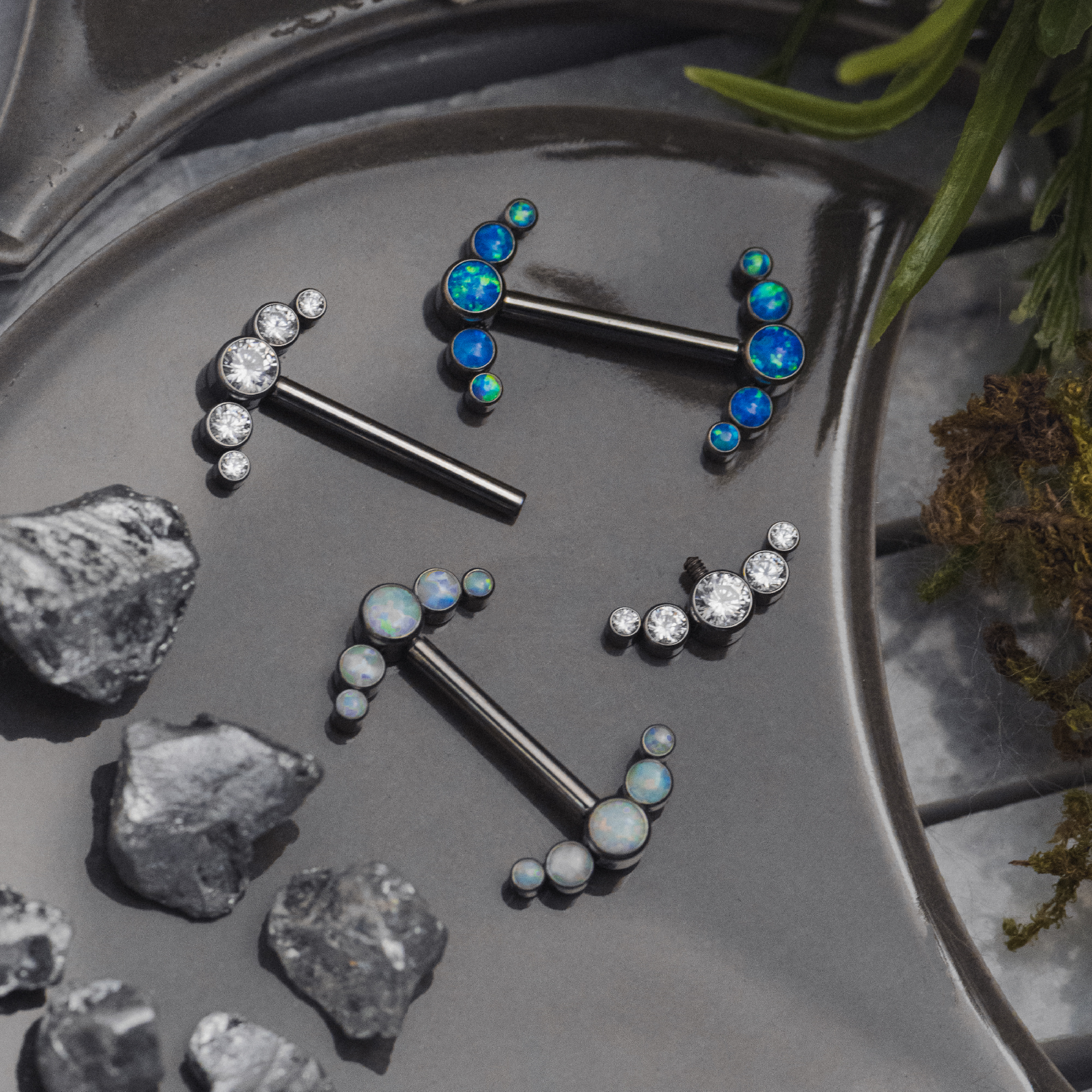  Titanium Internally Threaded Curved Blue Opal Nipple Bar Cluster 1.6mm Gauge in Silver