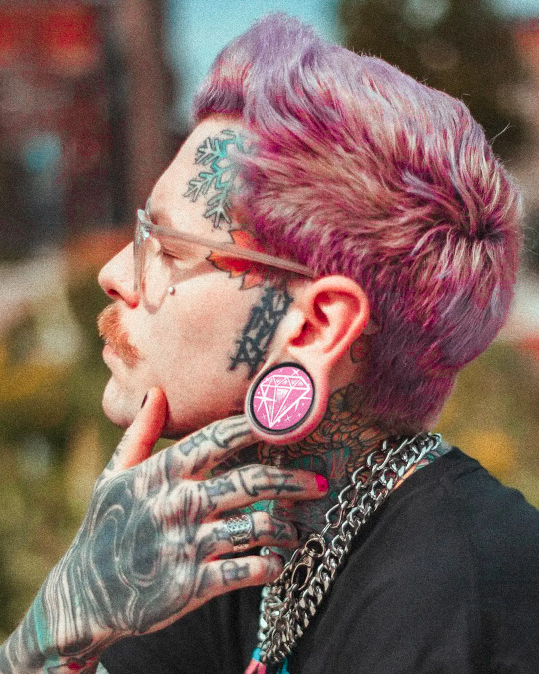 Guy Wearing Trendy Pink Diamond Acrylic Inlay And Wood Plugs Diamond Plug / Gauge - Pink & White Inlay Ebony Wood | Convex Double Flare