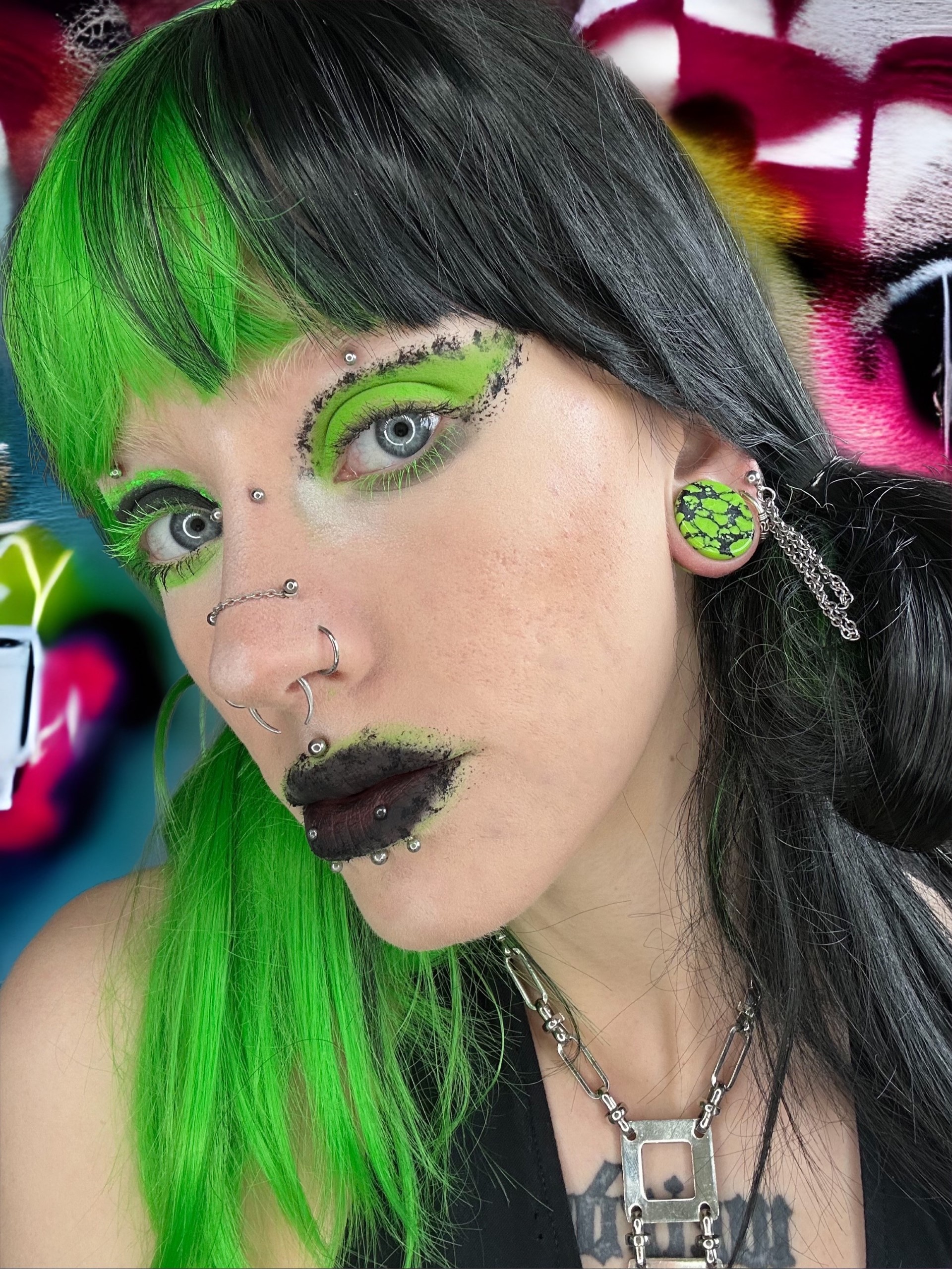 Girl wearing goth Marble Black & Green Stone Plug / Gauge