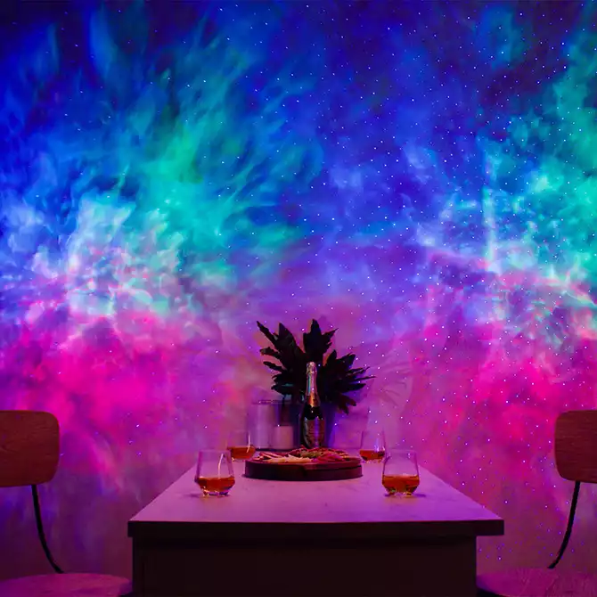 sky lite 2.0 multicolor galaxy light shining in dining room