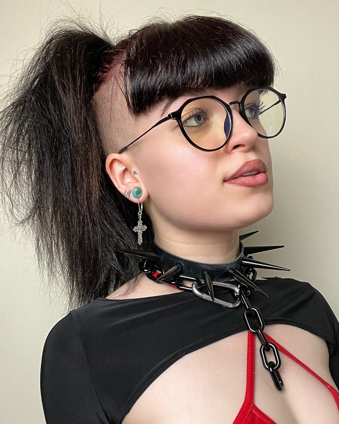 Girl wearing pretty Green Opalite Glass Ear Tunnel
