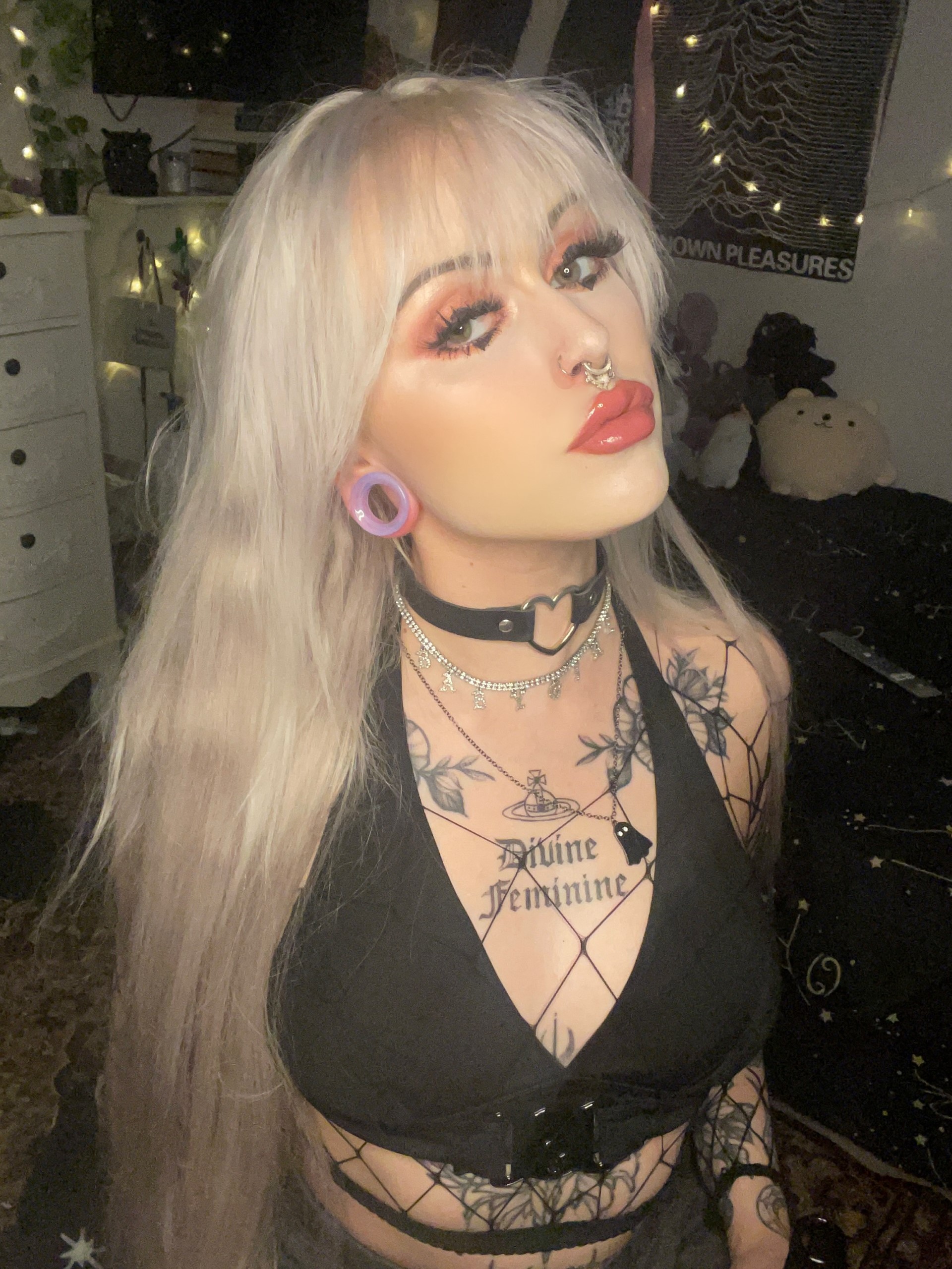 Girl wearing goth  Pink Opalite Glass Ear Tunnel