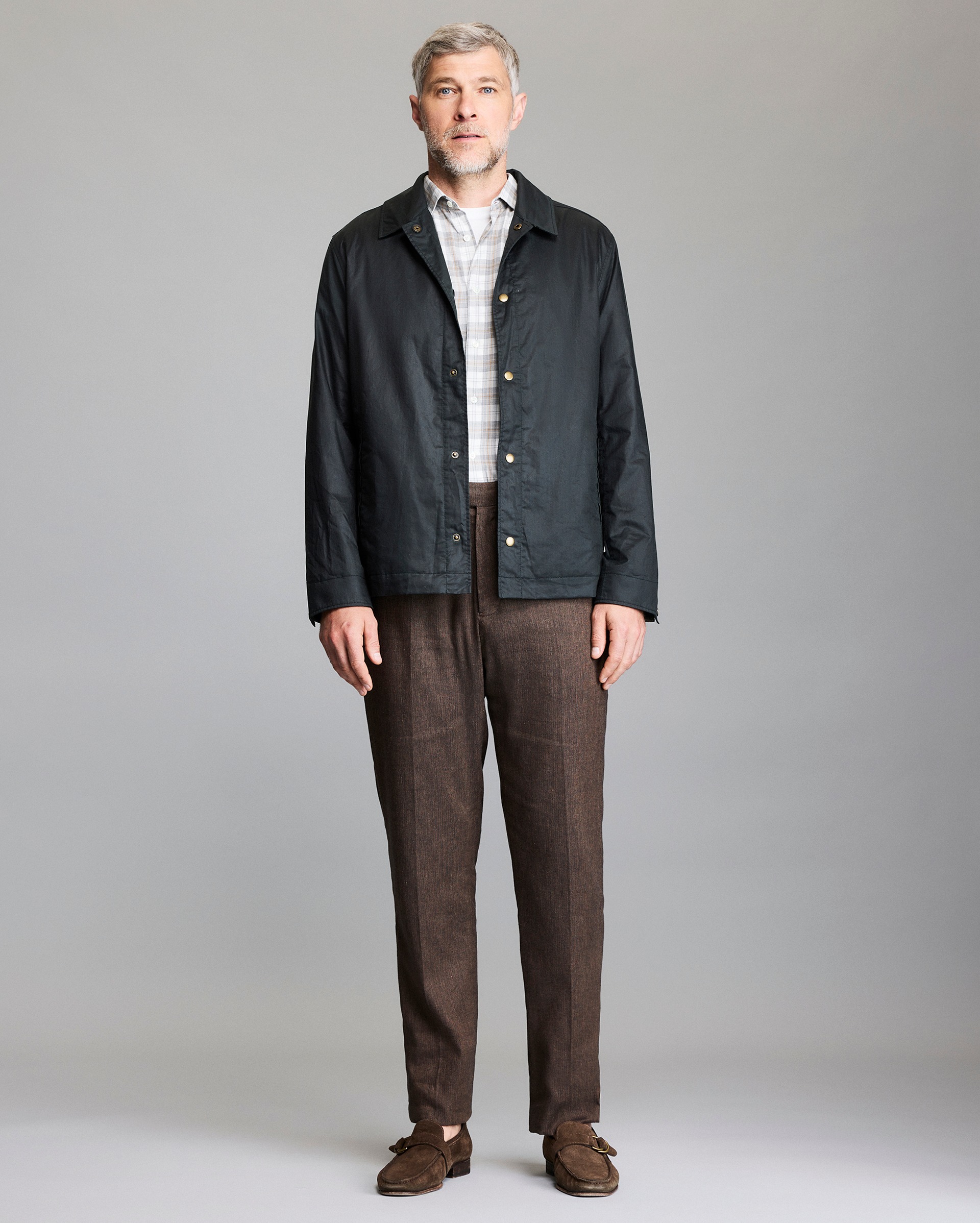 Model shows the fit of the jacket.