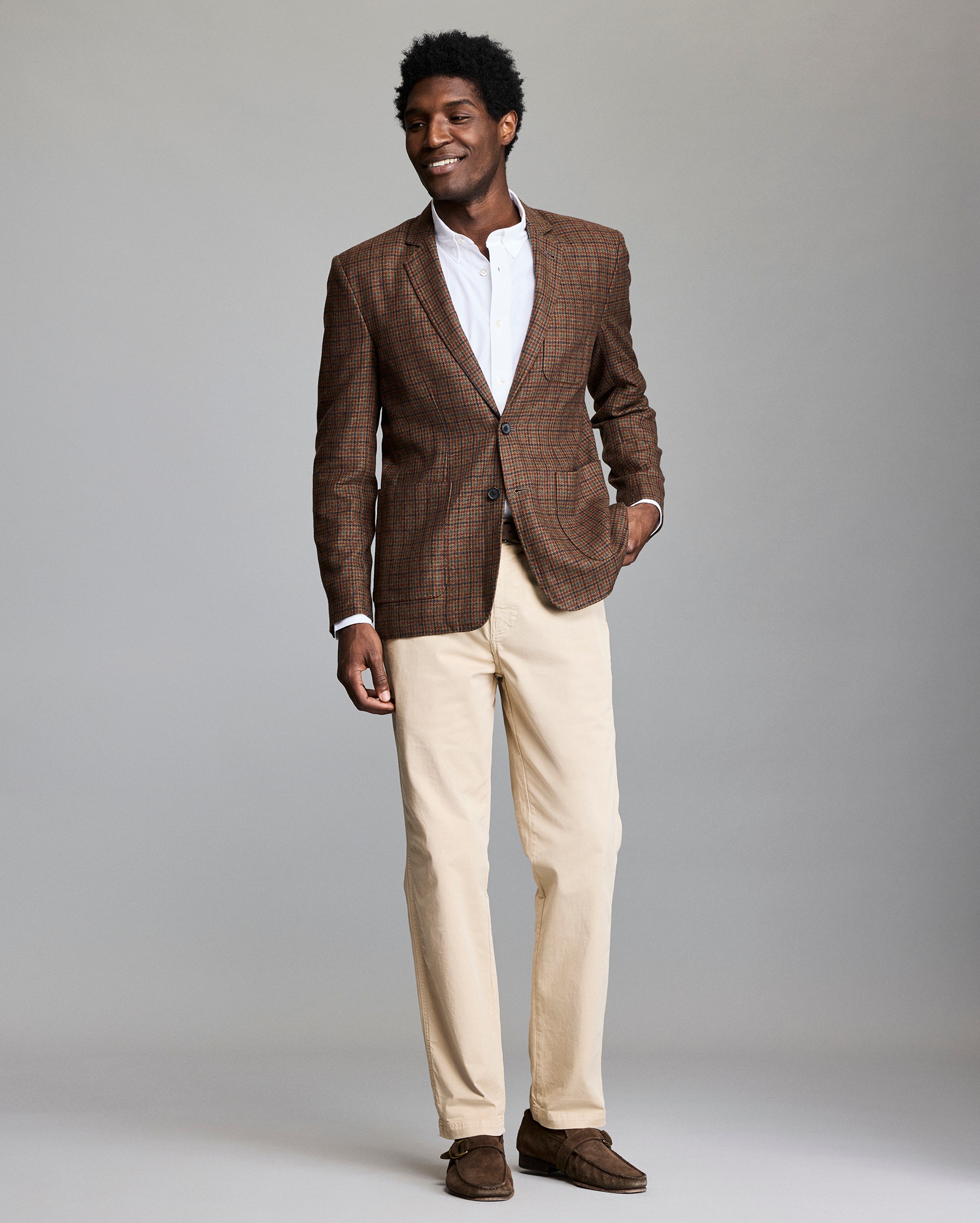 Model shows the fit of the jacket.
