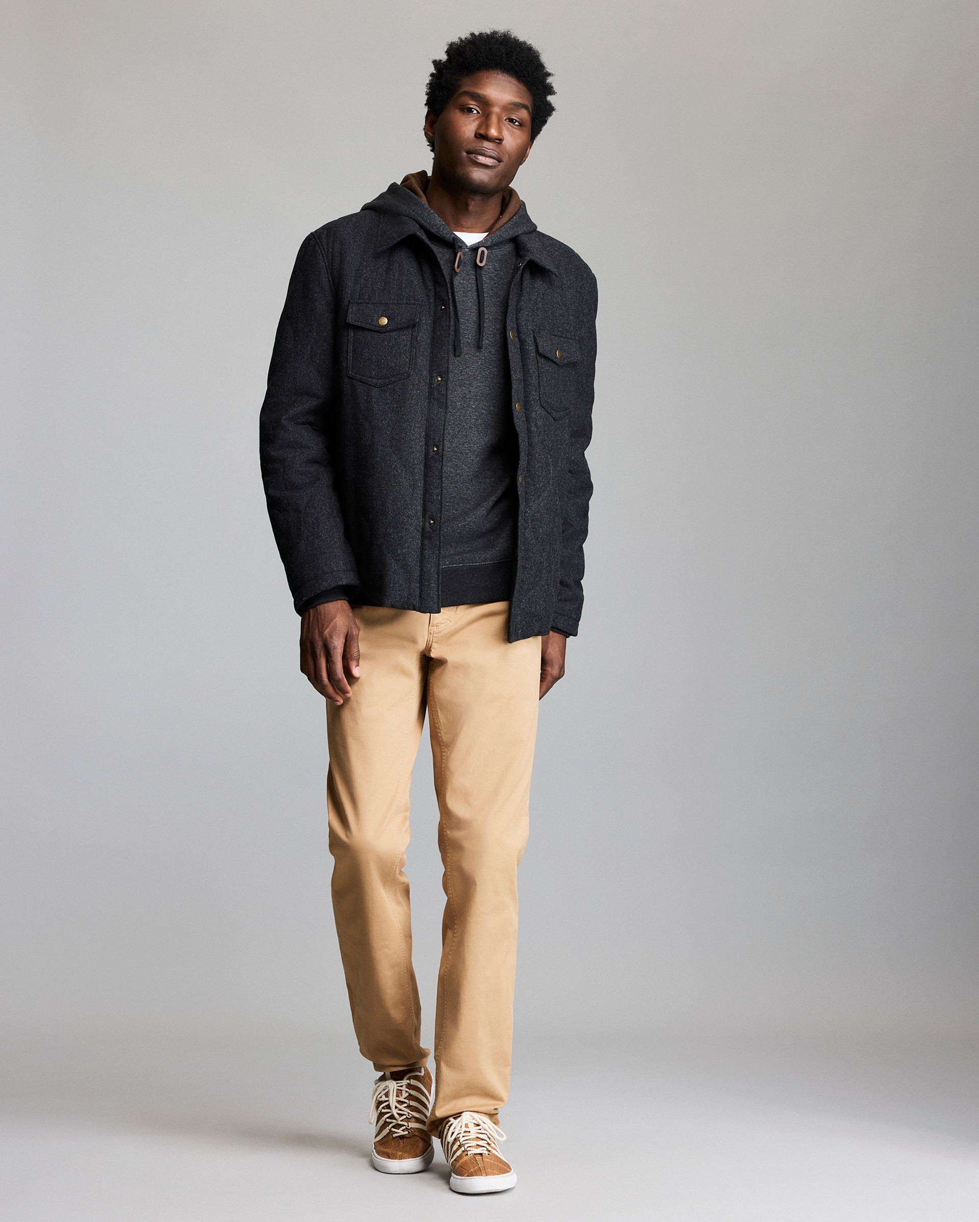 Model shows the fit of the jacket.