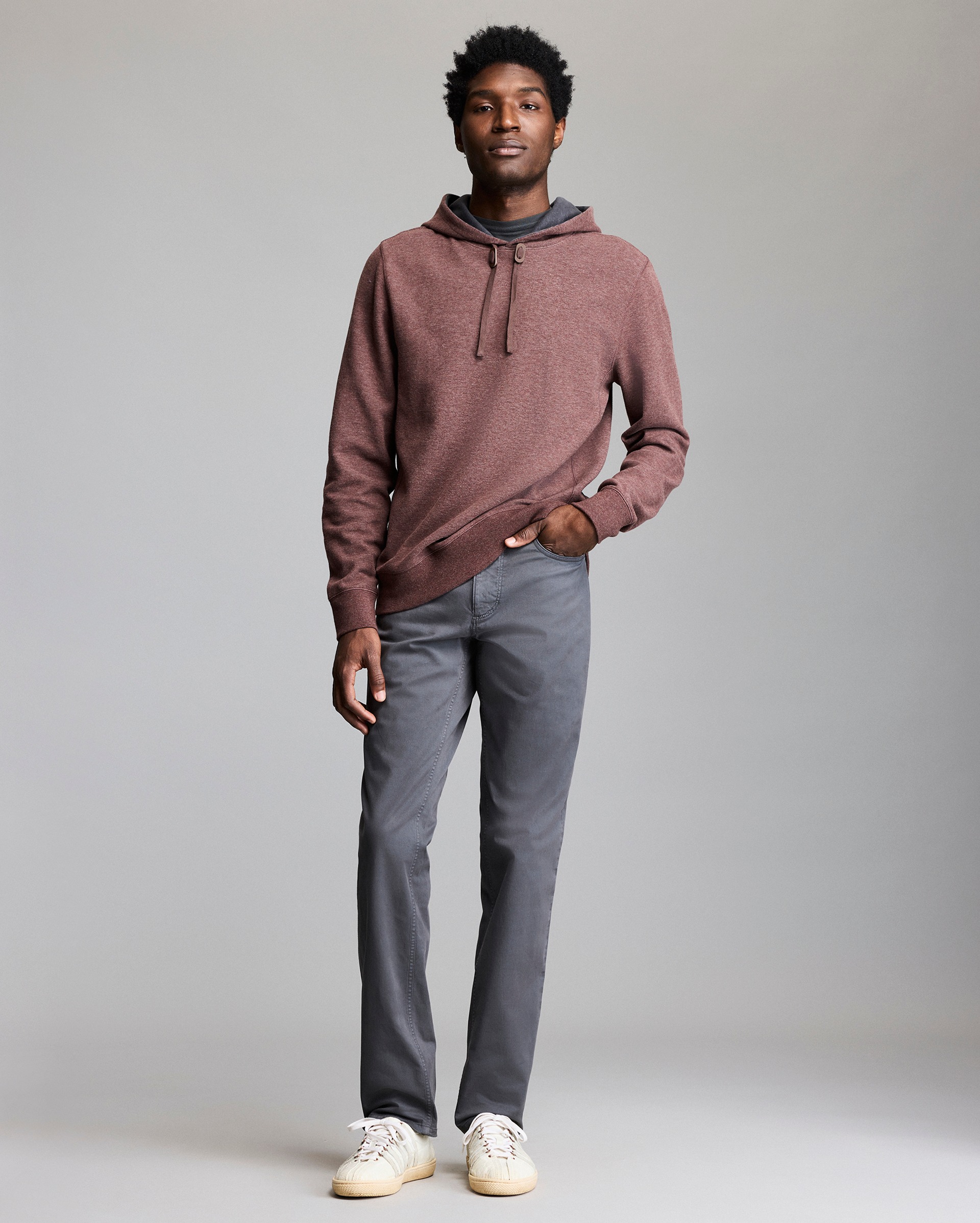 Model shows the fit of the hoodie.