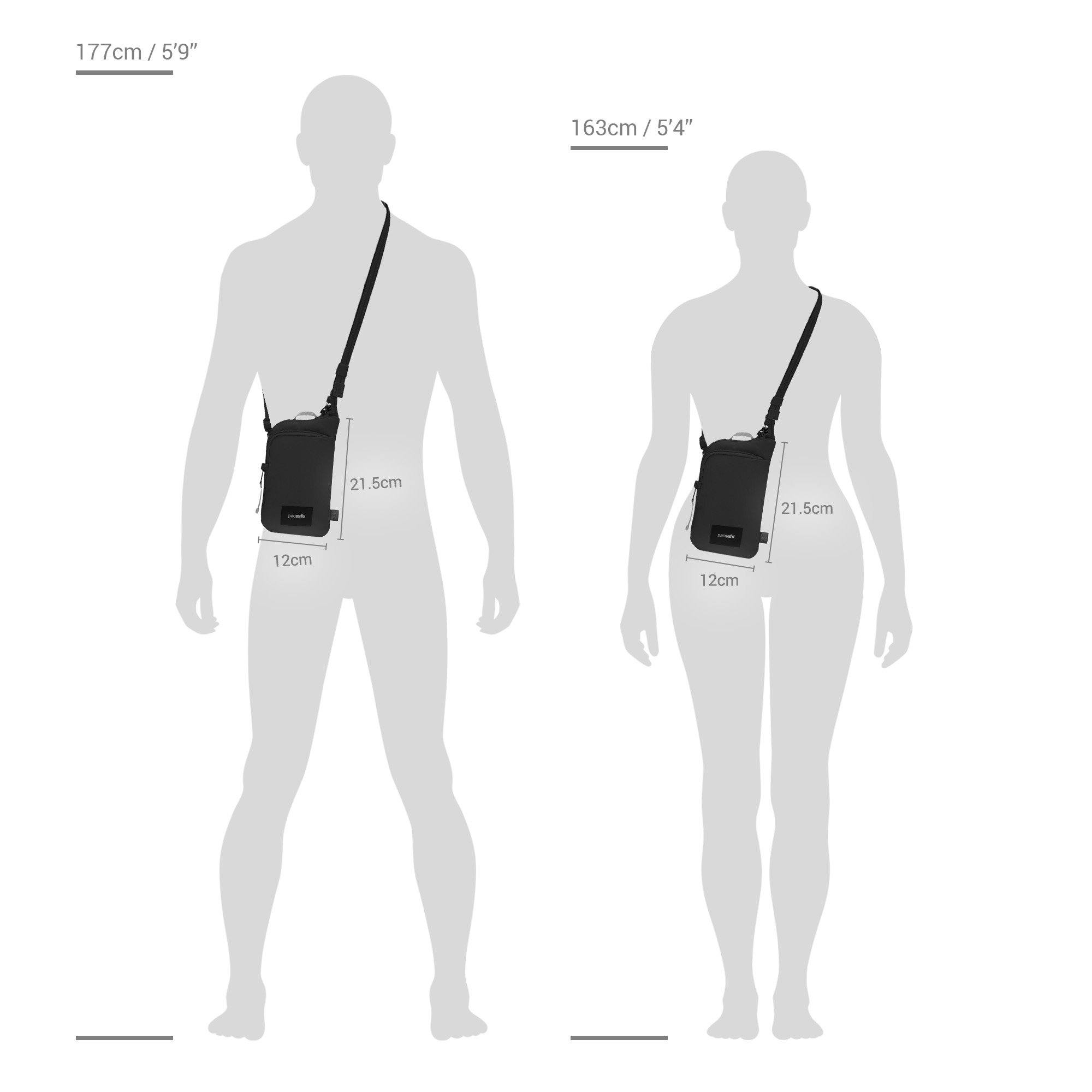 Size chart for Pacsafe® GO anti-theft tech crossbody