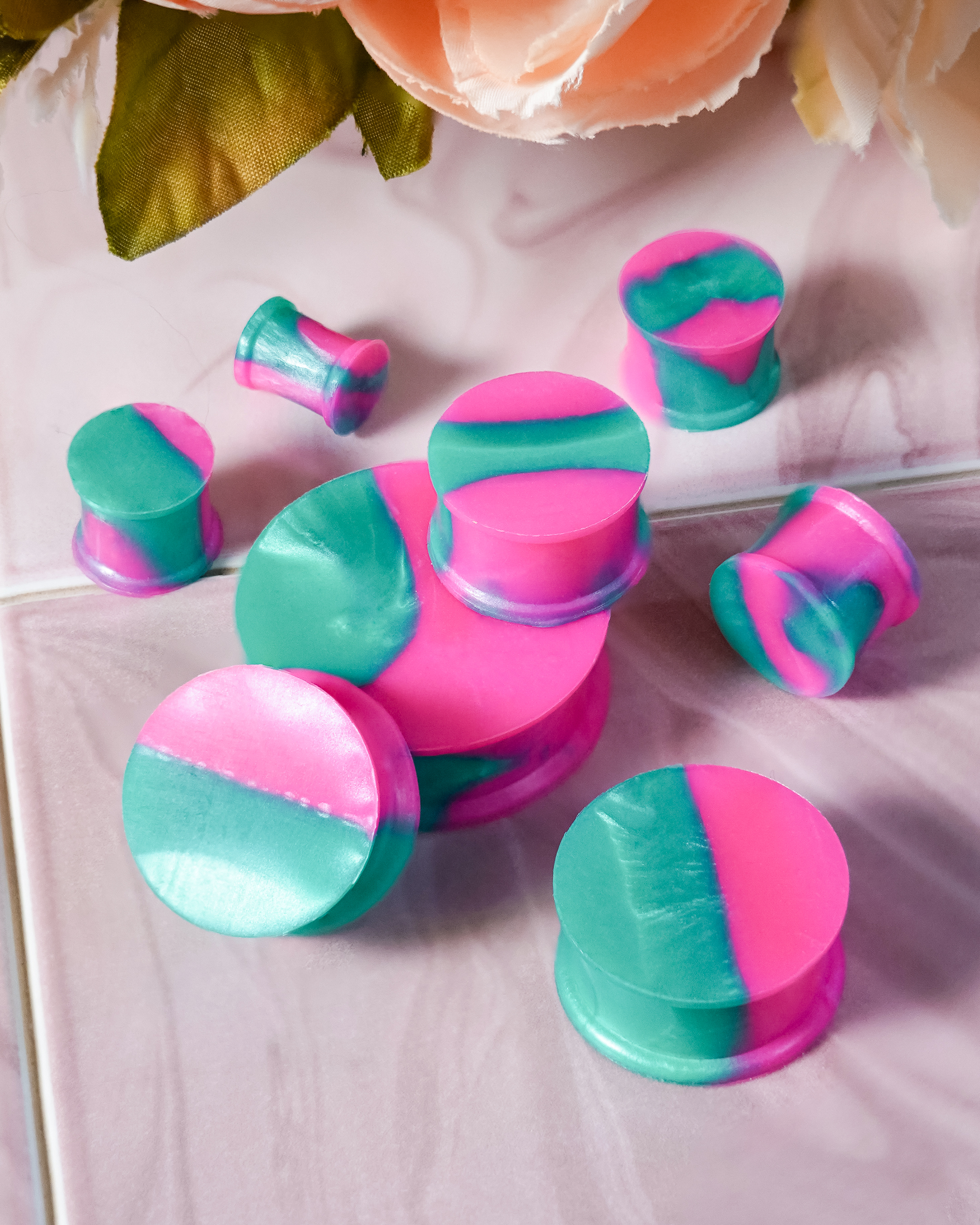  Solider Marmor Pink & Grün Silikon Ohrring Plug / Gauge