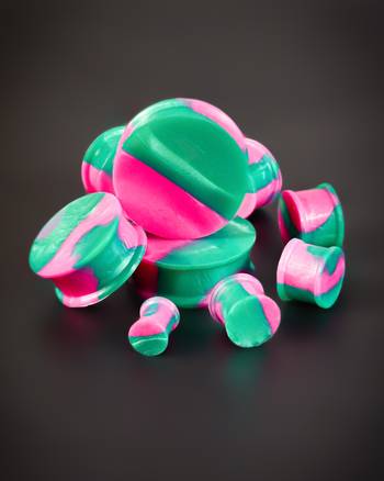 cute Pink & Green Solid Marble Effect Silicone Ear Stretching Plug / Gauge
