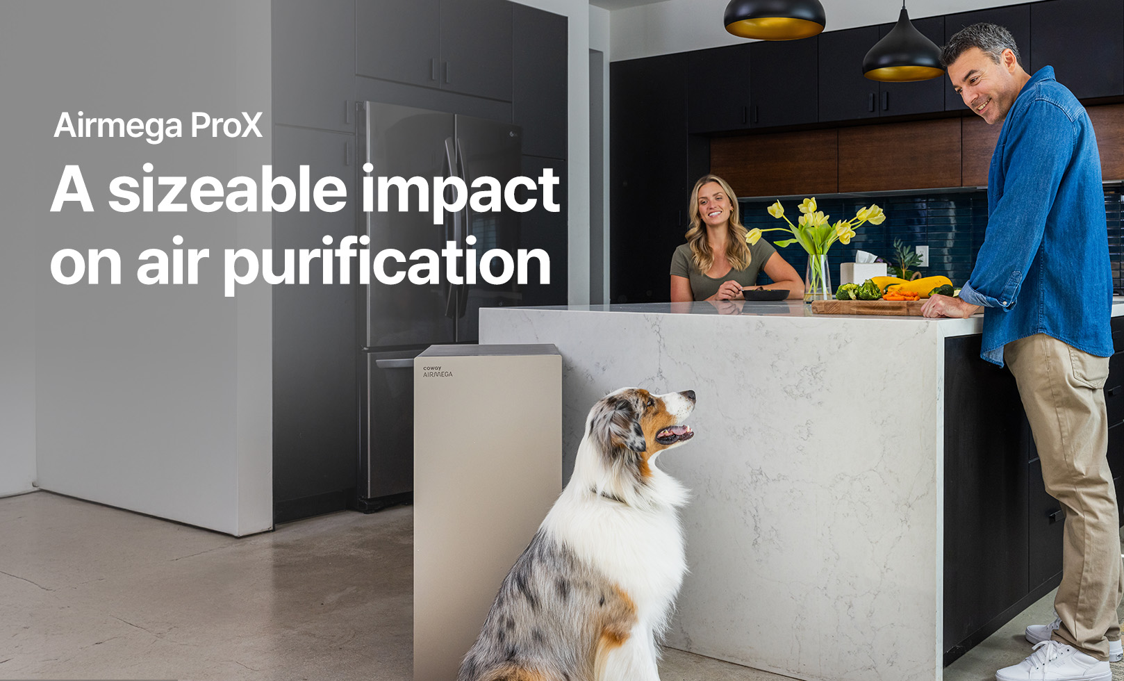 Family with ProX and family pet in kitchen