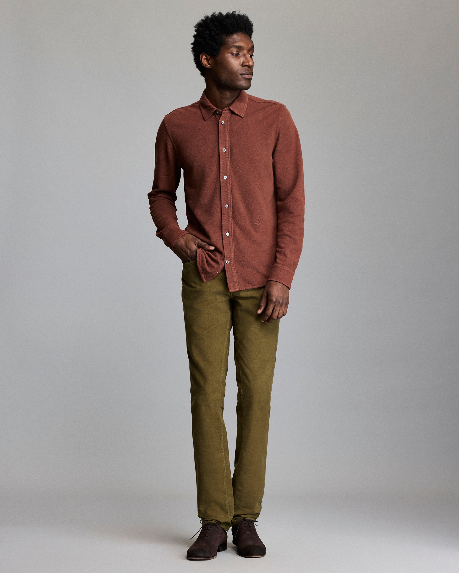 Model shows the fit of the shirt.