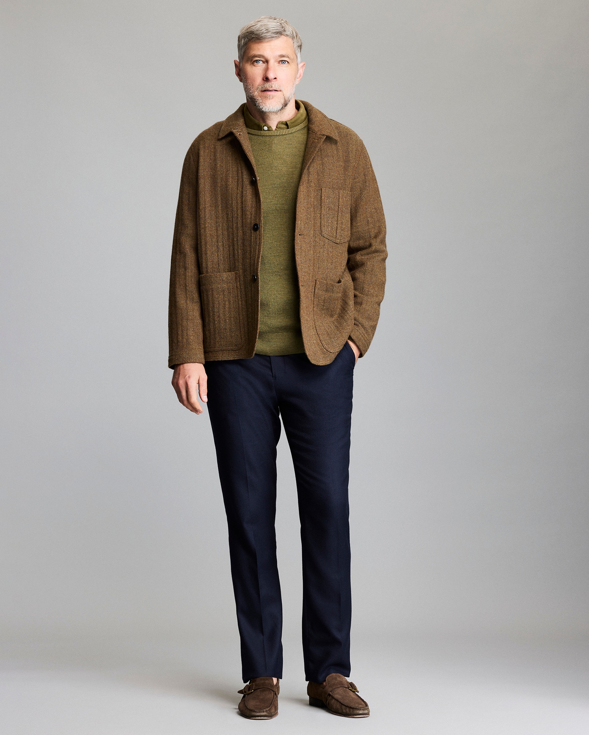 Model shows the fit of the jacket.