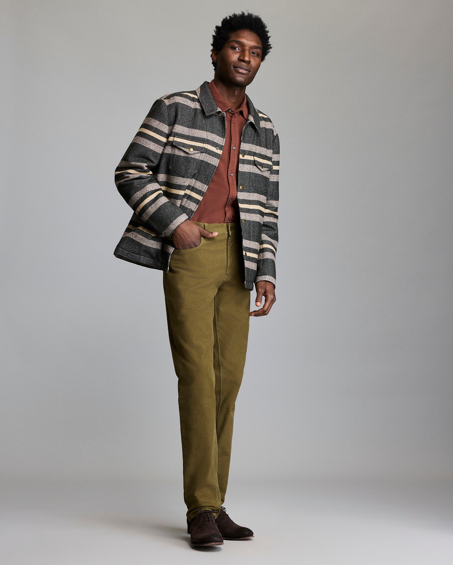 Model shows the fit of the jacket.