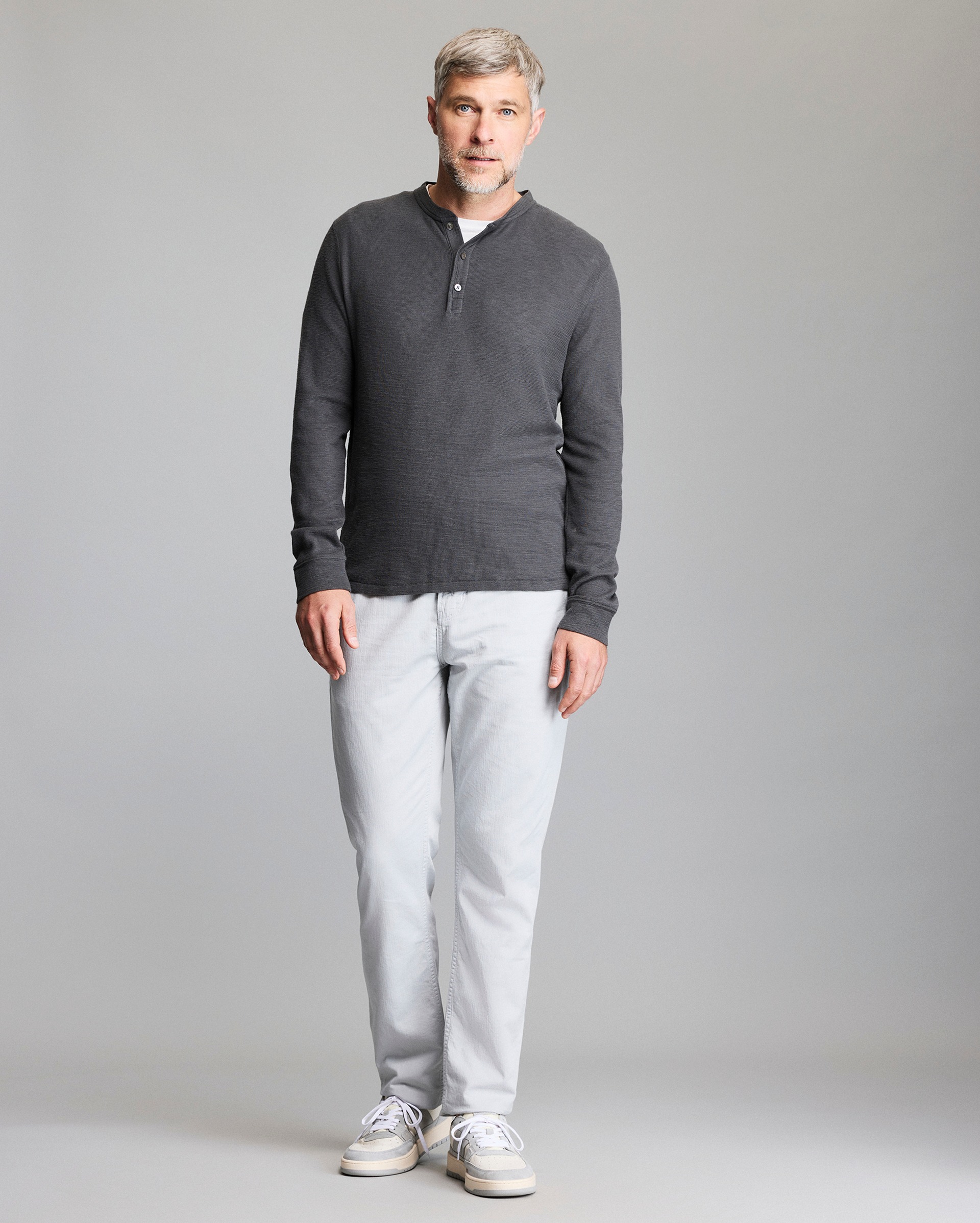 Model shows the fit of the Slub Tuck Henley