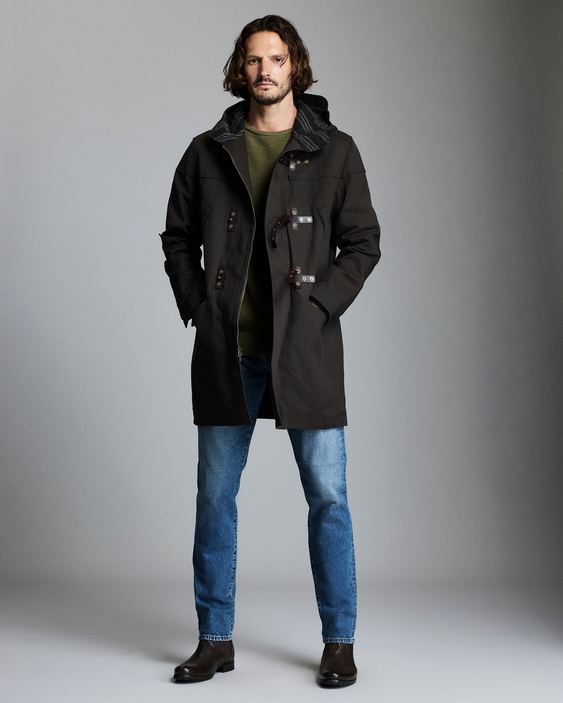 Model wears the waxed coat