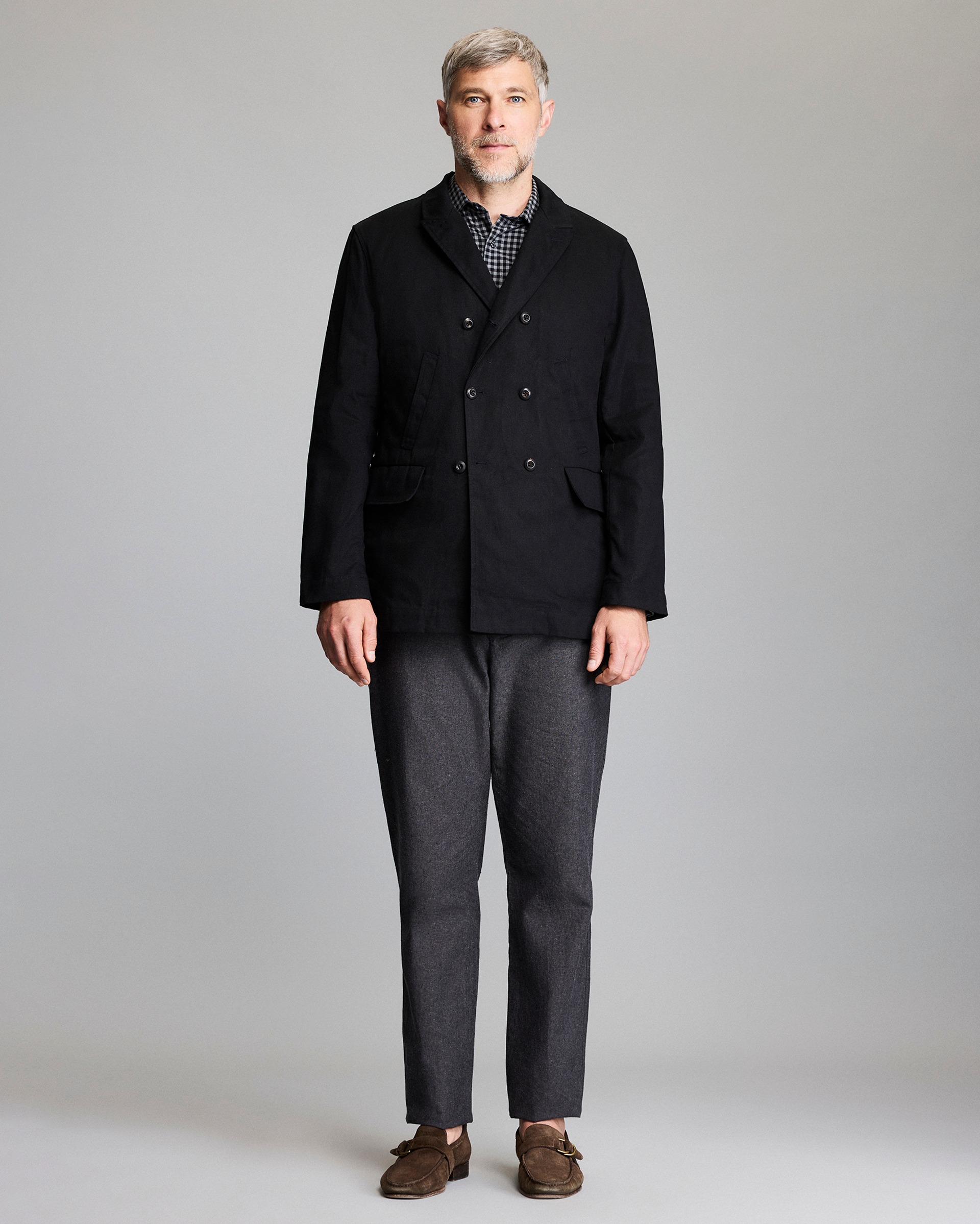 Model shows the fit of the peacoat.