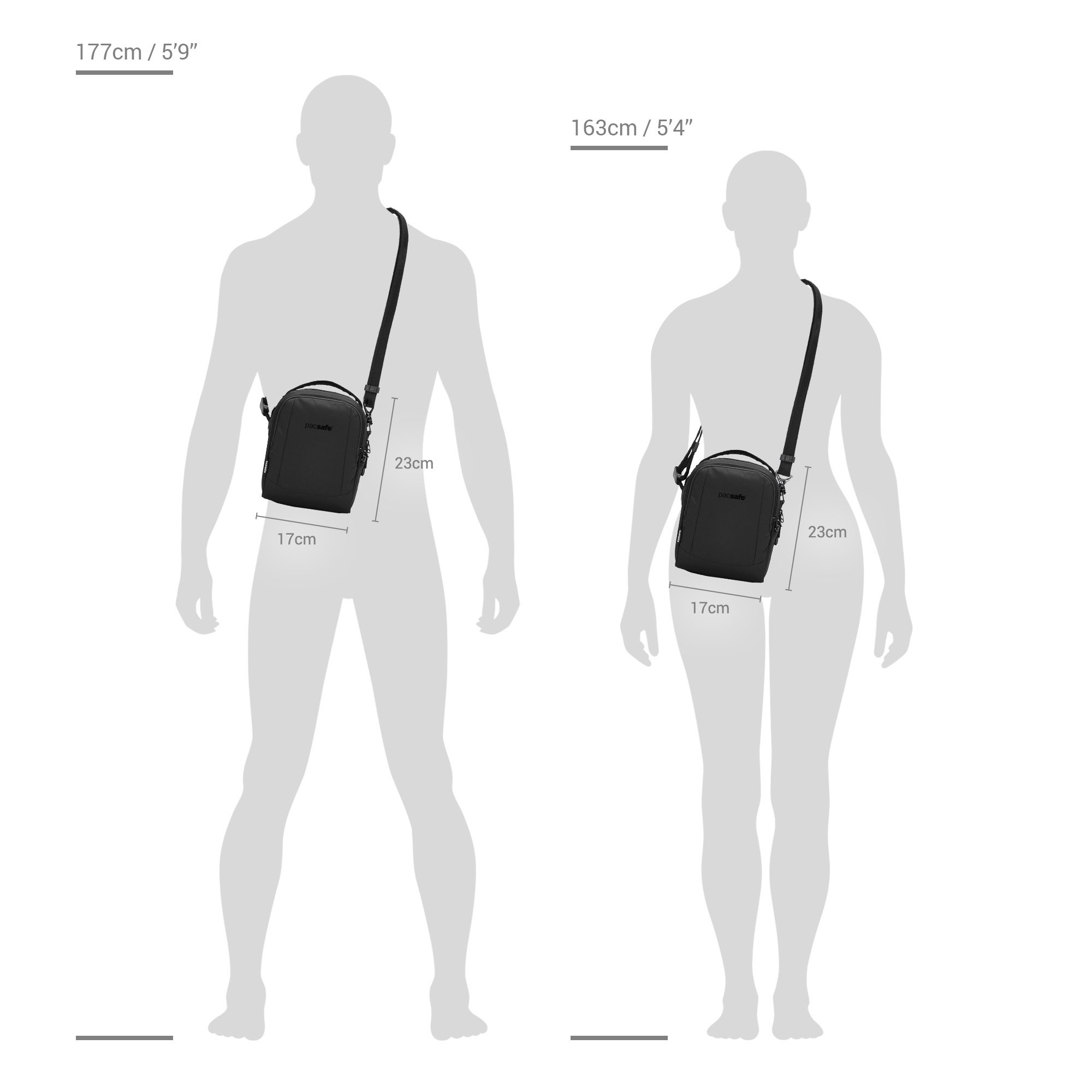 Size chart for Pacsafe® LS100 anti-theft crossbody bag
