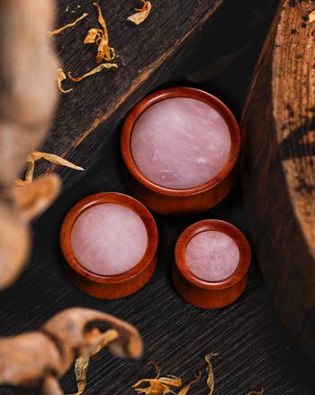 Cute pretty cool Rose Quartz Stone Inlay Saba Wood Ear Plug / Gauge