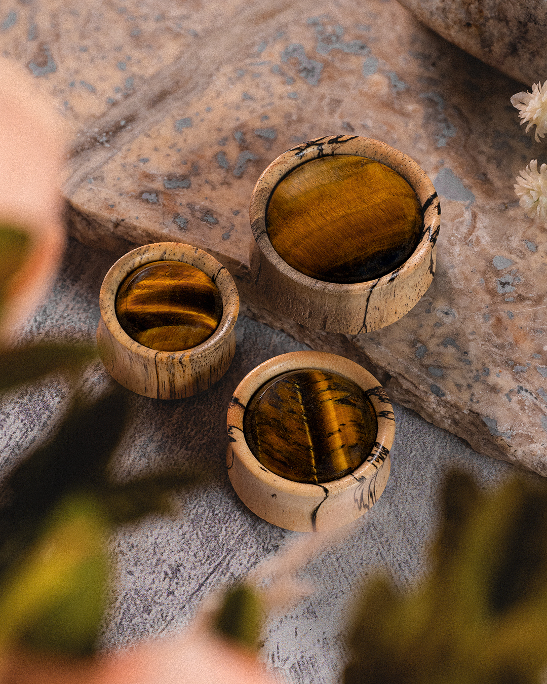 Sustainable Natural  Tiger Eye Stone Inlay Tamarind Wood Plug / Gauge