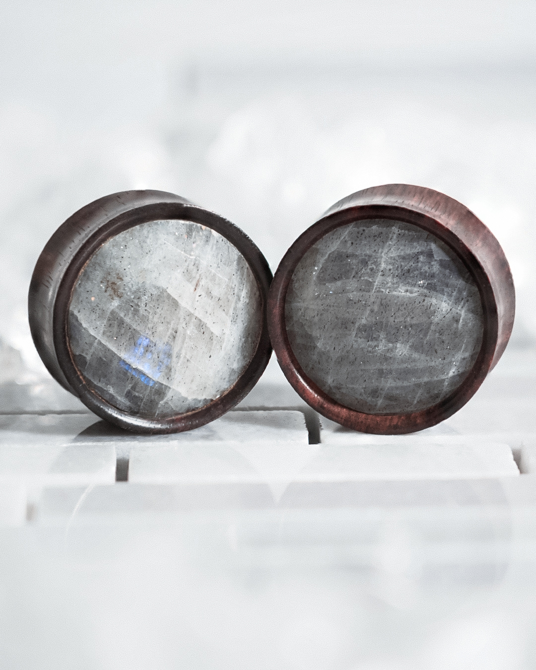 Sustainable Handcrafted  Faceted Labradorite Stone Inlay Ebony Wood Ear Plug / Gauge