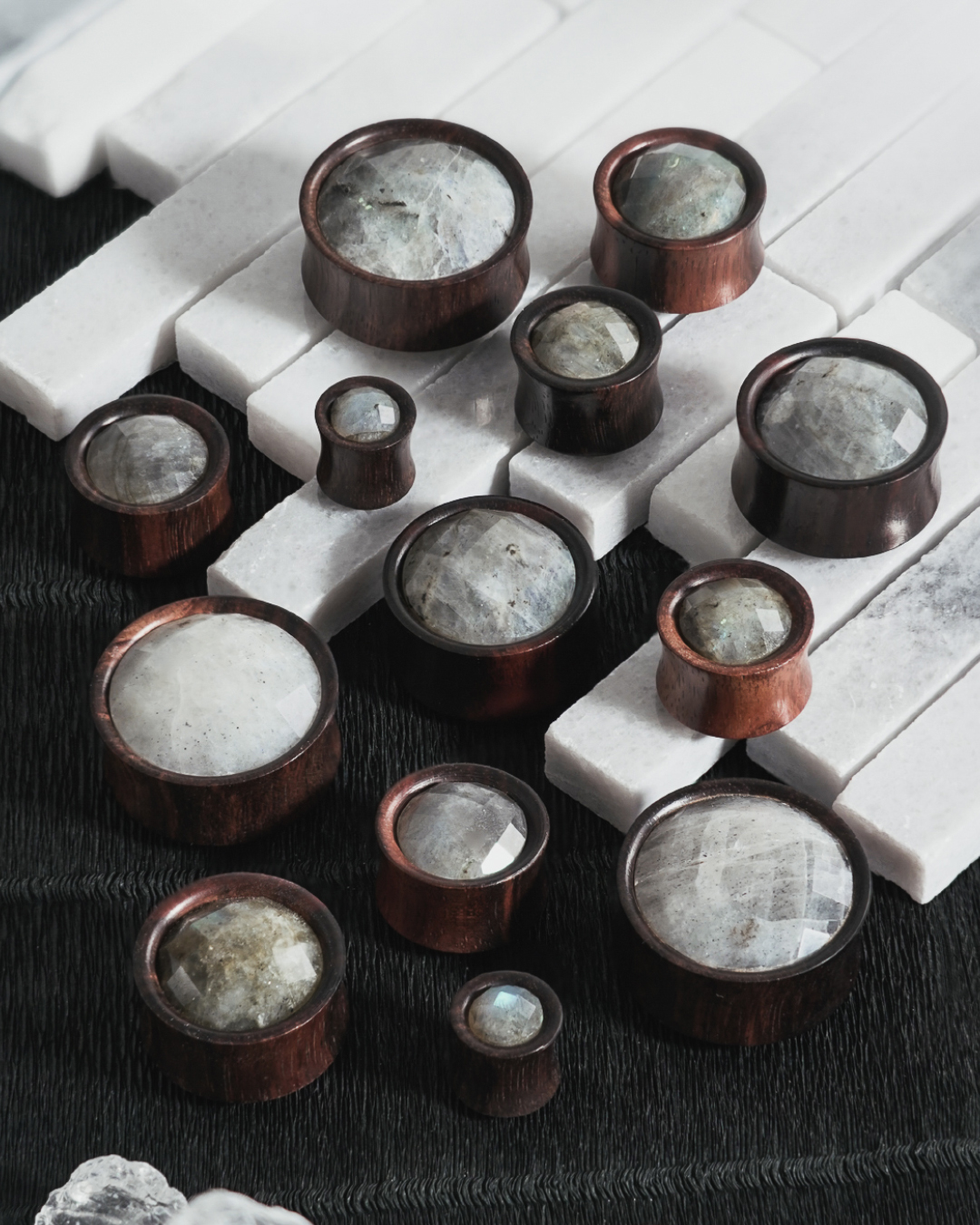 Handcrafted Ore  Faceted Labradorite Stone Inlay Ebony Wood Ear Plug / Gauge