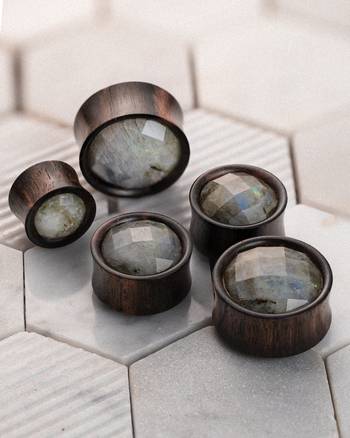 sustainable natural Faceted Labradorite Stone Inlay Ebony Wood Ear Plug / Gauge