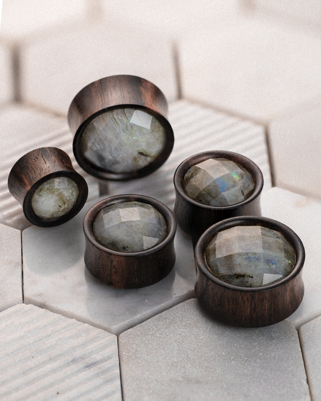 sustainable natural Faceted Labradorite Stone Inlay Ebony Wood Ear Plug / Gauge