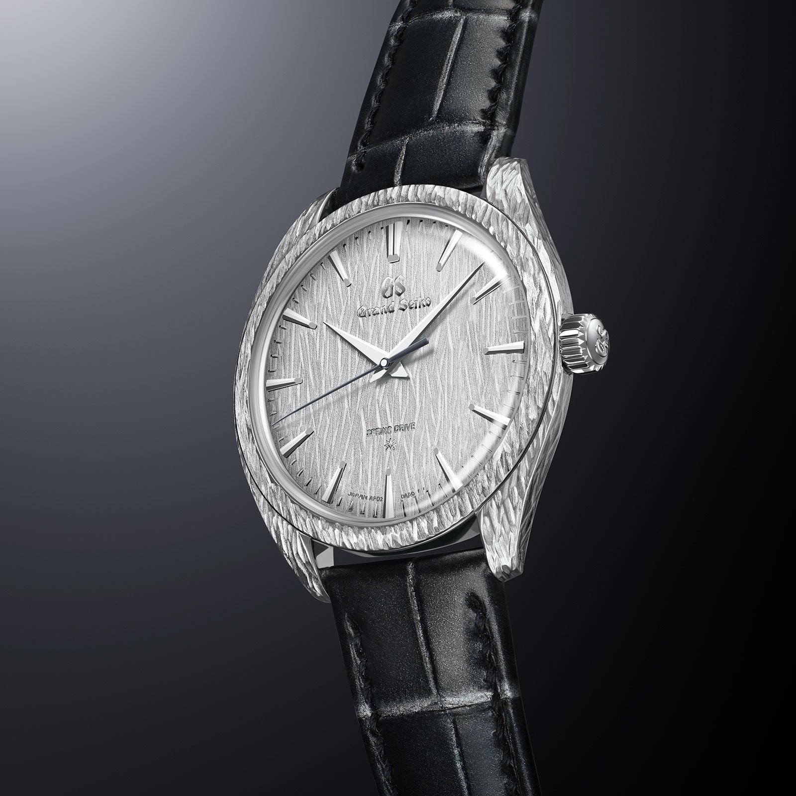 Grand Seiko SBGZ009 watch with hand carved platinum case and birch dial. 