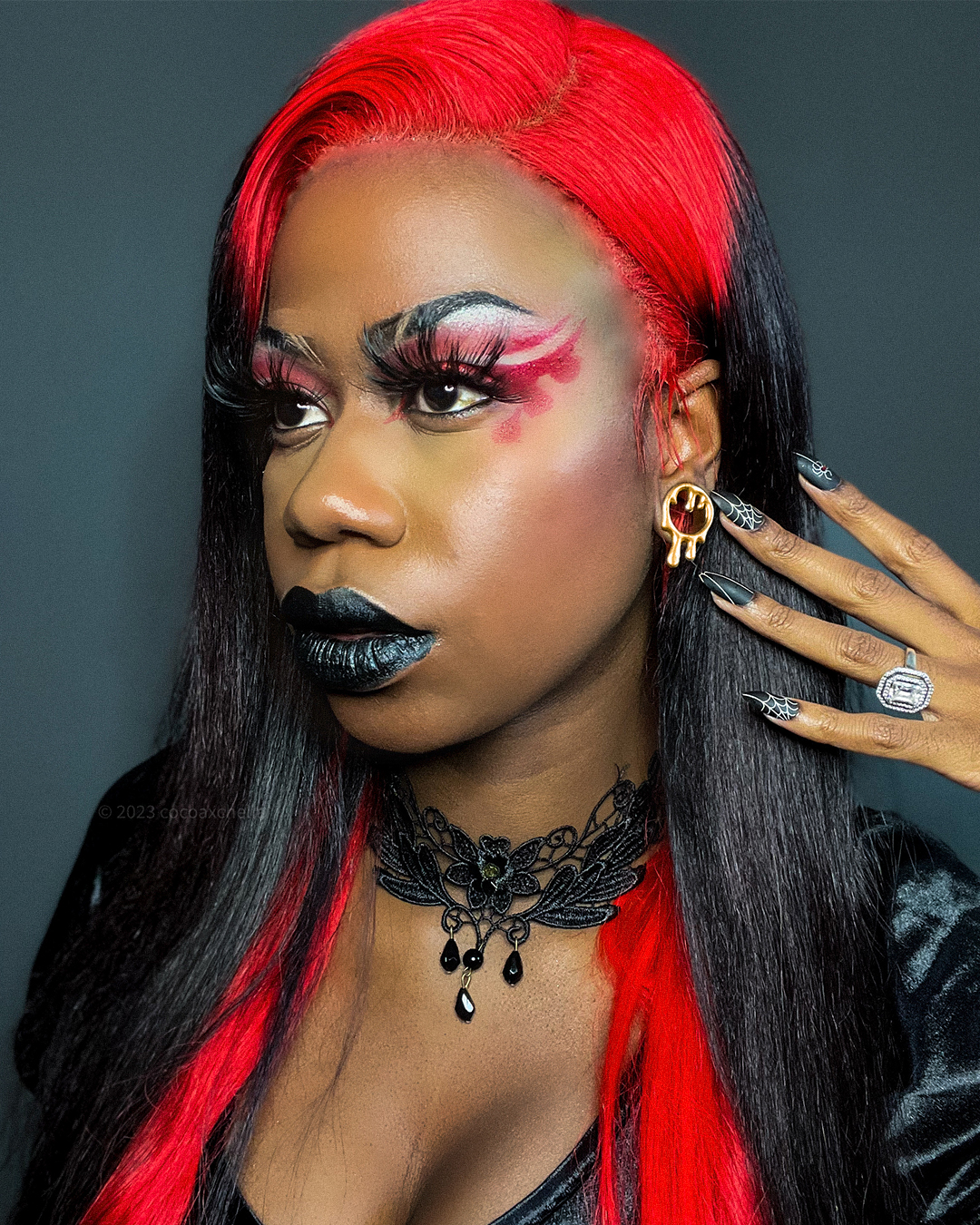 Gothic Alternative Woman wearing Gold Drippy Screwback Stainless Steel Tunnel