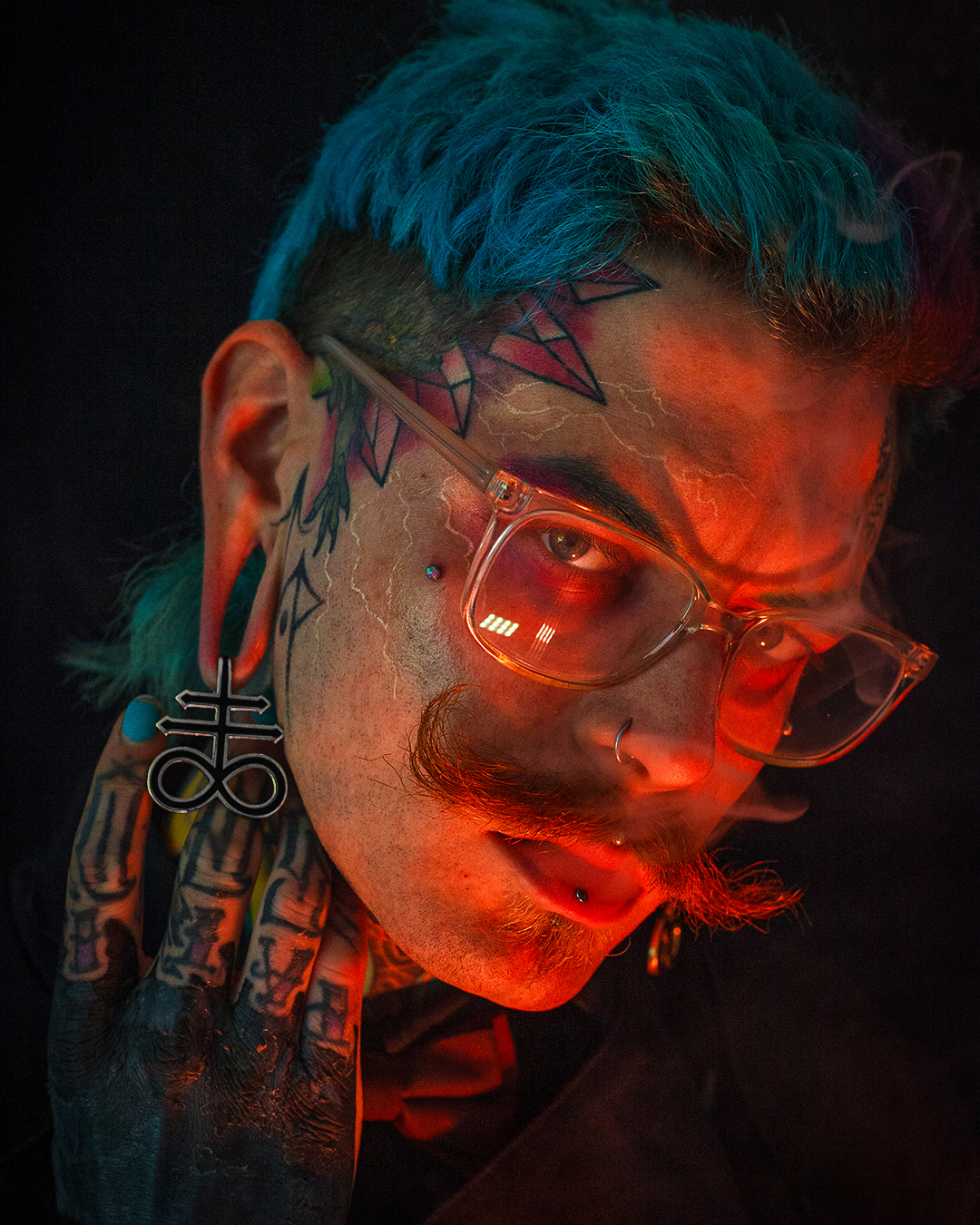 Alternative Tattooed Man wearing Silver Leviathan Cross Ear Weights (Pair)