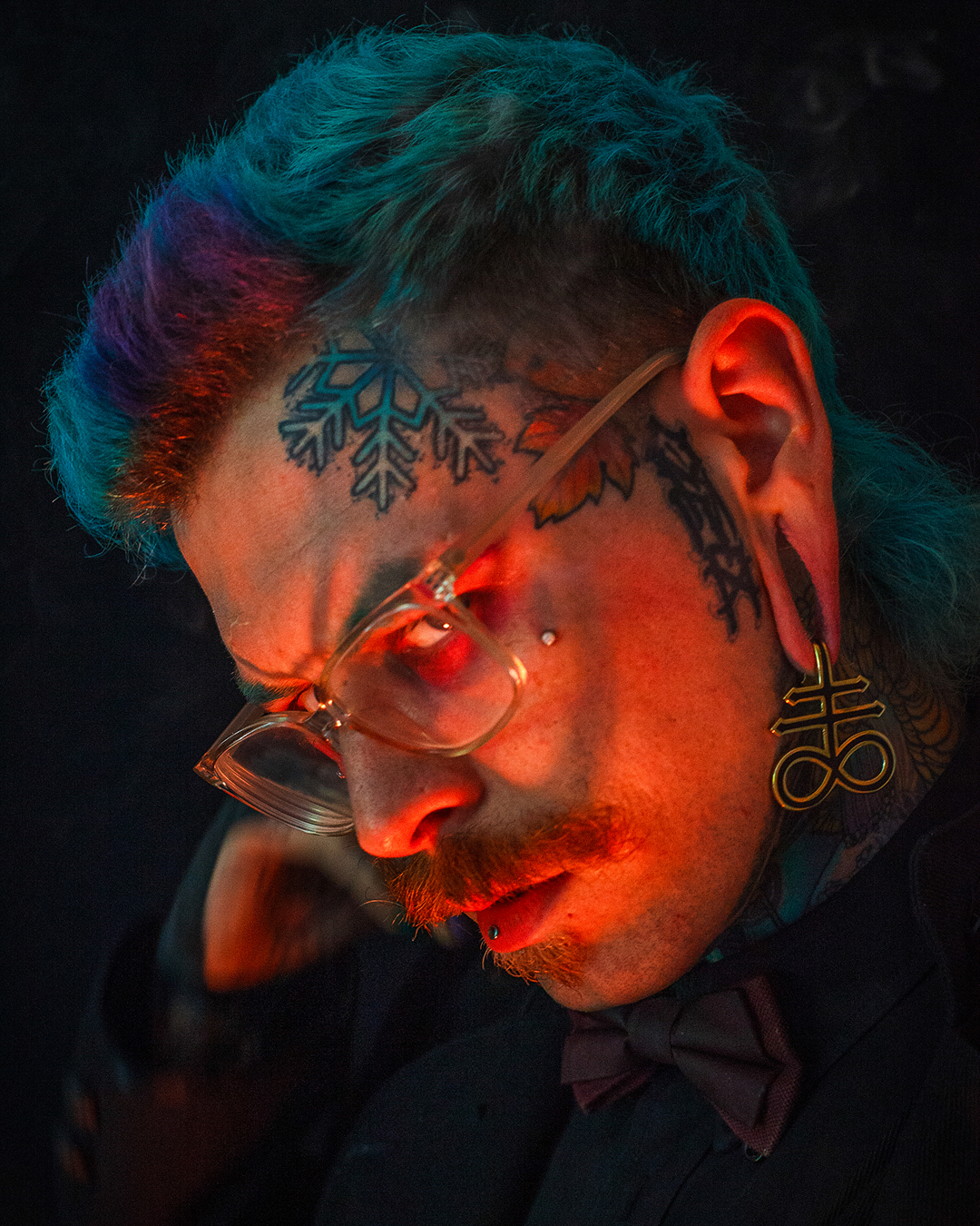 Alternative Tattooed Man wearing Gold Leviathan Cross Ear Weights (Pair)