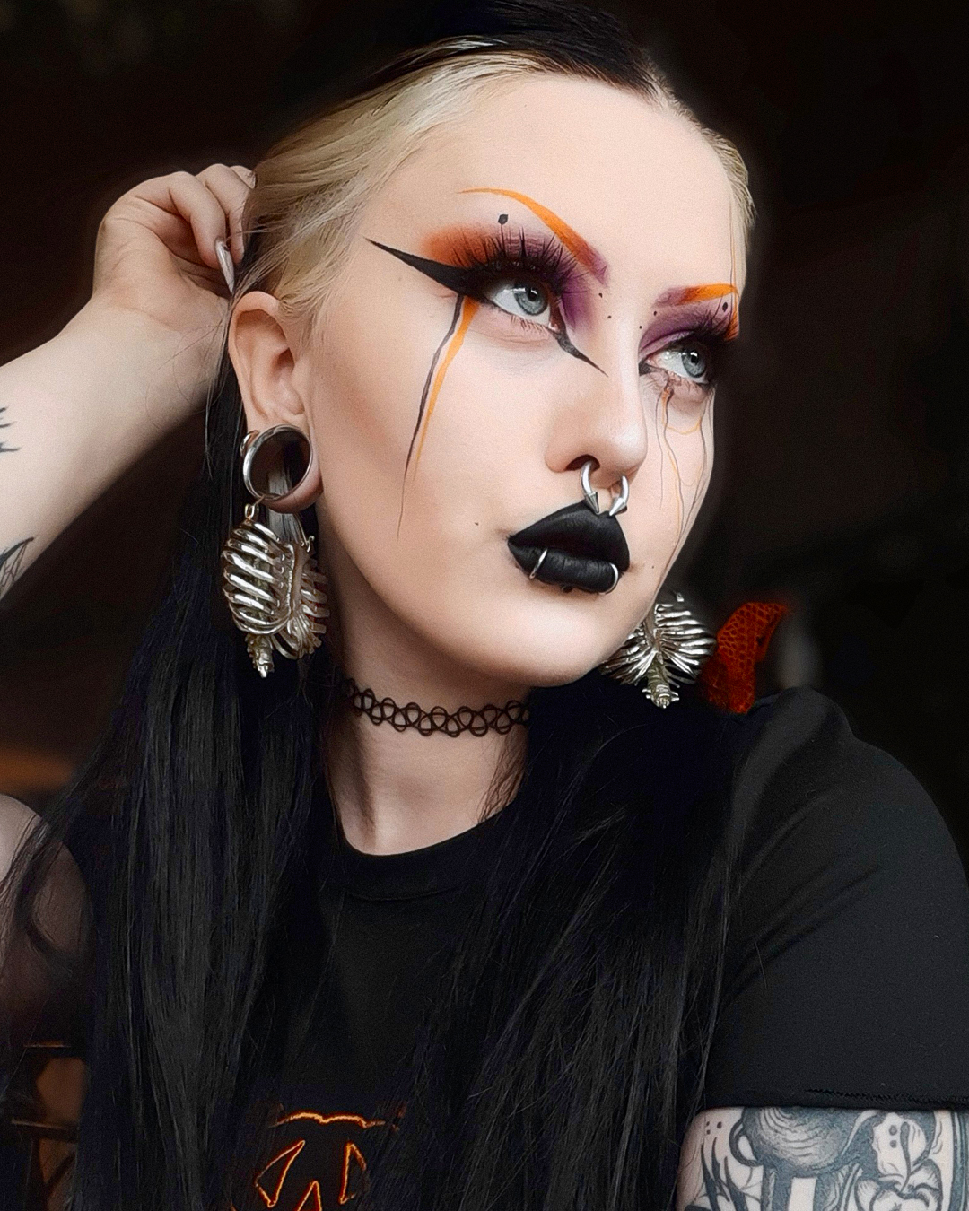 Hot Gothic Tattooed Model Wearing Silver Ribcage Earring Hangers (Pair)