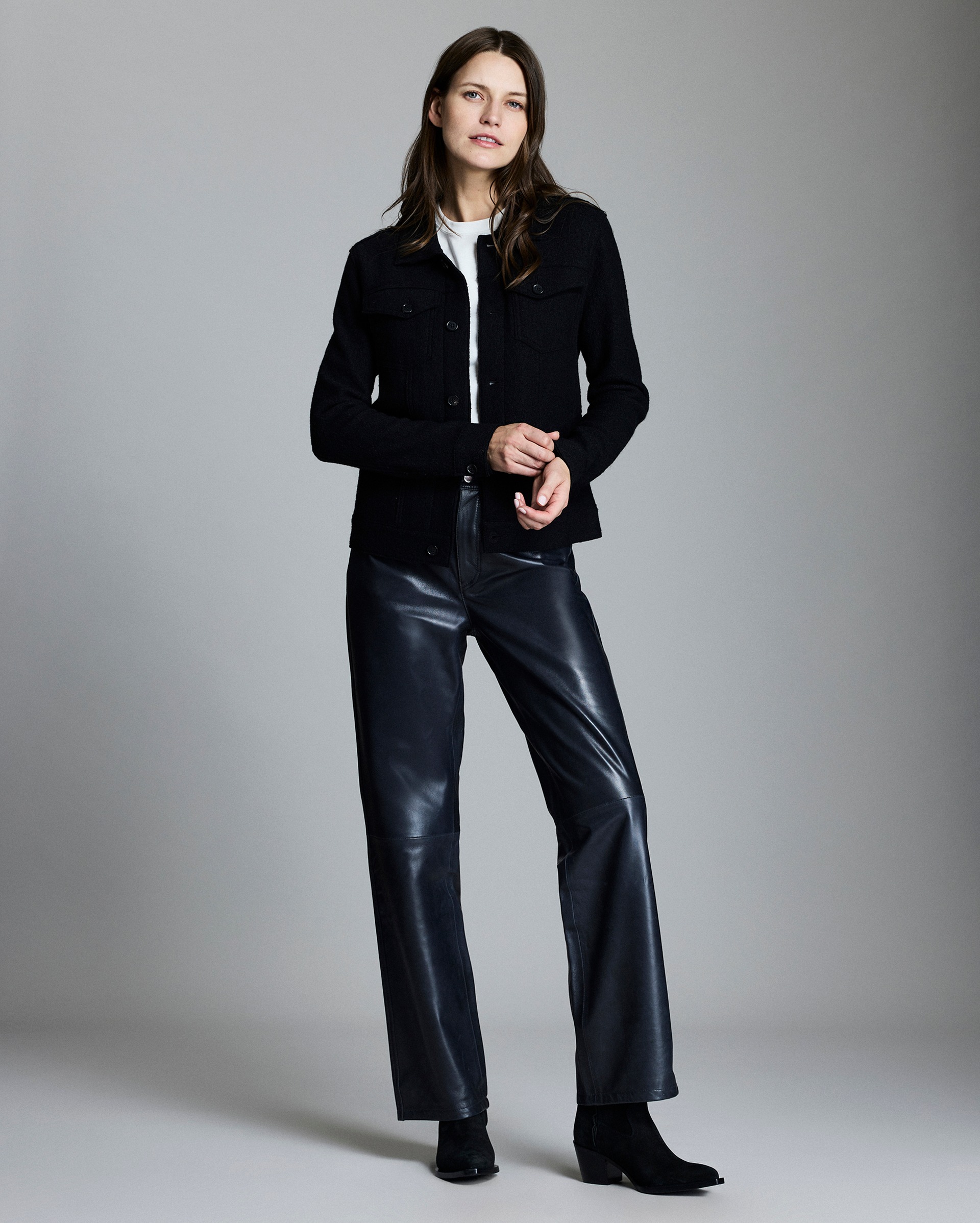 Model shows the fit of the jacket.