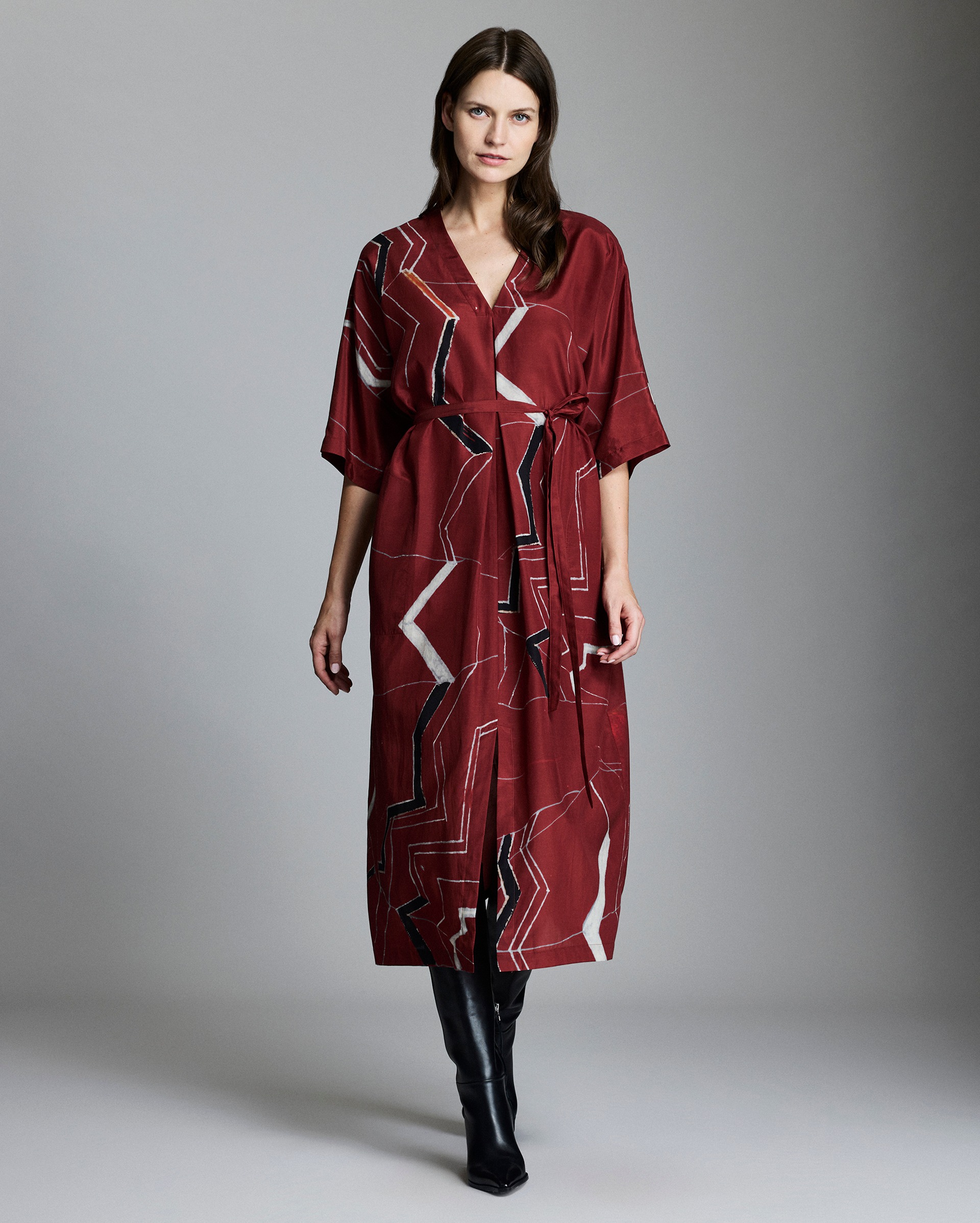 Model shows the fit of the dress.
