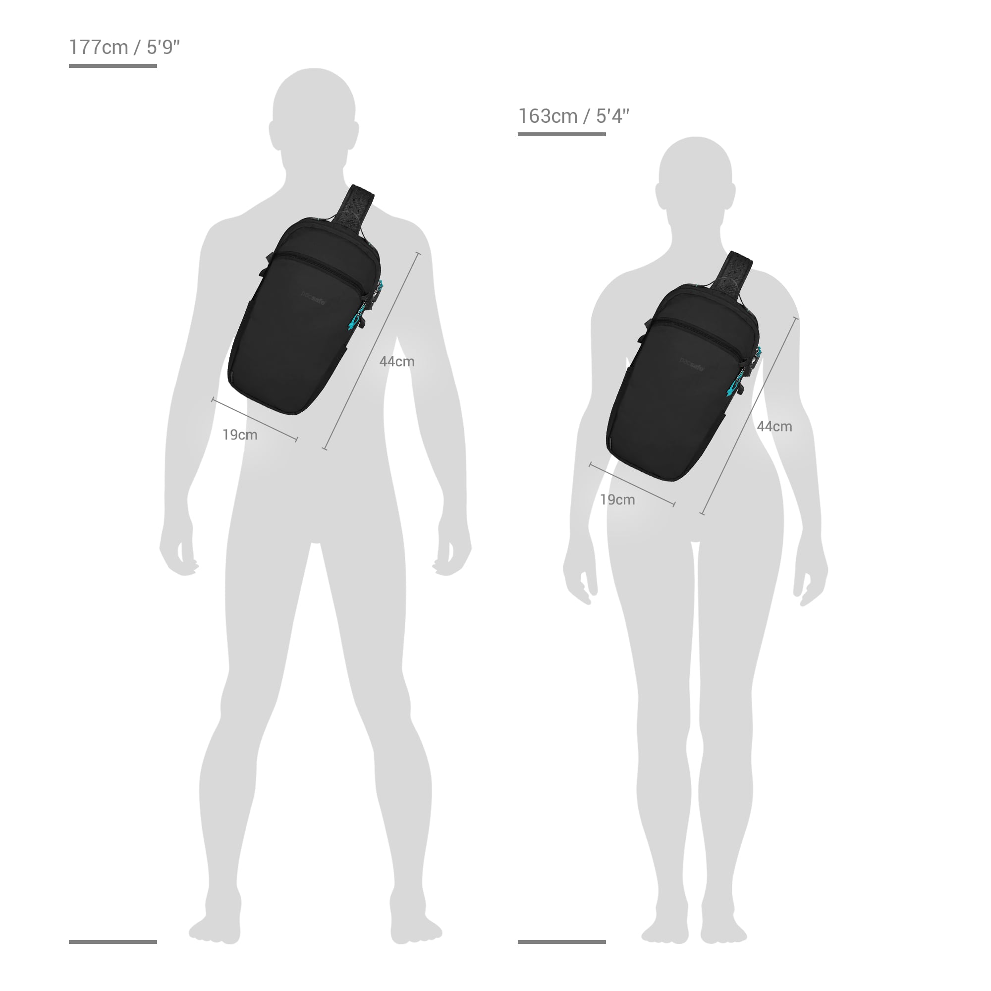 Size chart for Pacsafe® ECO 12L anti-theft Sling backpack